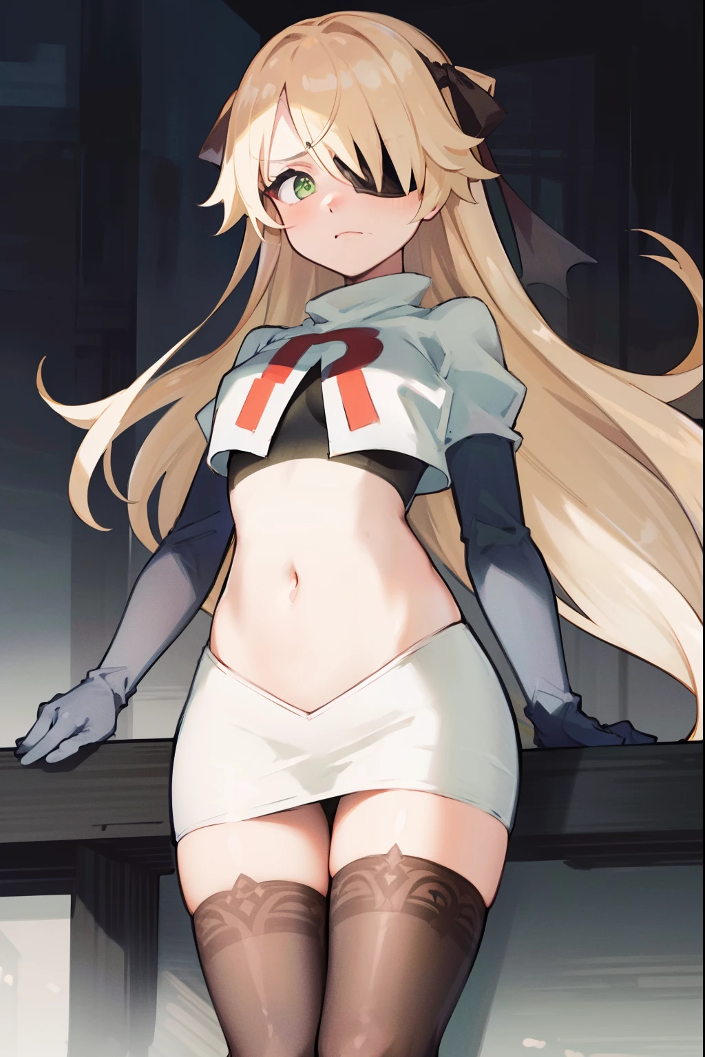 absurdres, fischl (dunkelnacht sakrament) (genshin impact), green eyes, (white pupils:1.2), fischl (genshin impact), medium_breasts, blonde hair, eyepatch, long hair, hair over one eye, bangs, hair ribbon, small breasts, 1girl, team rocket,team rocket uniform,white skirt,red letter R,crop top,black thigh-highs,black elbow gloves, embarrassed, blush