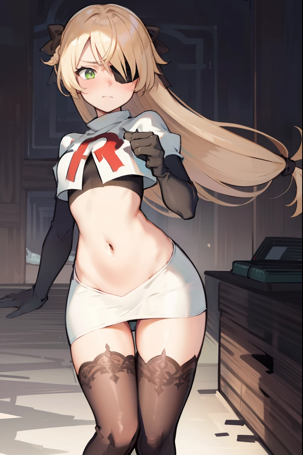 absurdres, fischl (dunkelnacht sakrament) (genshin impact), green eyes, (white pupils:1.2), fischl (genshin impact), medium_breasts, blonde hair, eyepatch, long hair, hair over one eye, bangs, hair ribbon, small breasts, 1girl, team rocket,team rocket uniform,white skirt,red letter R,crop top,black thigh-highs,black elbow gloves, embarrassed, blush