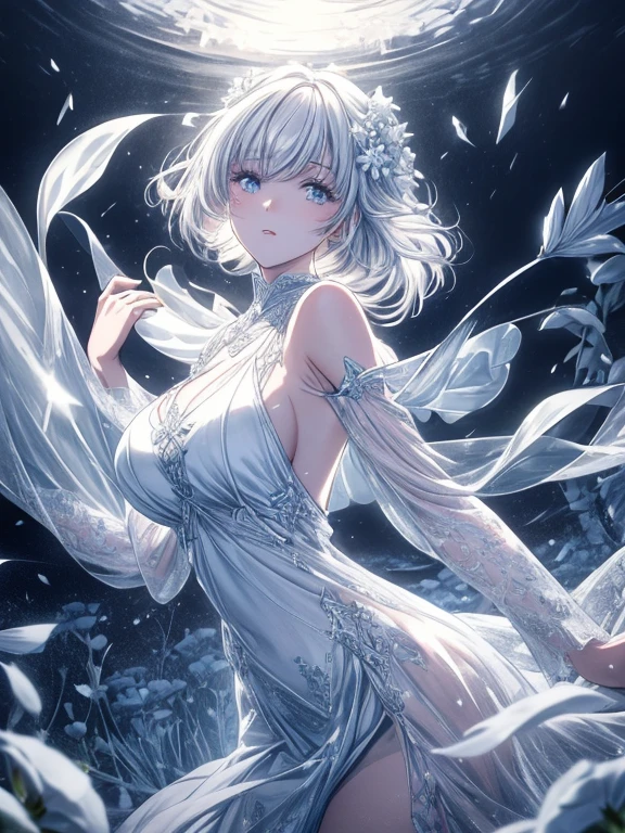 (Top Quality figure),(((Top quality))), short braided hair, short hair ,sky blue eyes,she has beautiful eyes,white hair, her outfit is monochrome, gentle smile, She is considered to be very beautiful, imagenery, beautiful storm ,run under blue sky, strom spring, kawai attention,