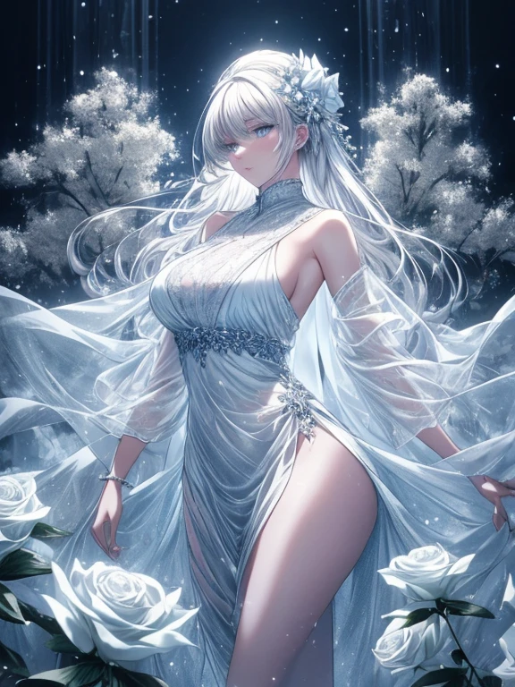 Paradise in Heaven, white light naste piece), (Best Quality), (Cinematic), 8K, (art  stations), Li Yue's style of painting.(長いWhite hairとSilvery eyesを持つ1人の女), (Beautiful delicate face)、[ particle roux full moon] [Frozen trees々] [landscape crystal] [Lighting] [Ethereal Atmosphere]:1.1] [Fantasy, short story] [soft Lighting] [+Cinematic shot]:1.2 [+art  stations] [+Light white background] [+soft Lighting] [soft glow] [Creative and dynamic angles]:1.3, [+crystal tonina steppiece, ighly detailed, Ultra-detailed, Solo, (pale skin), Silvery eyes, White hair, (snowy background), (snowflake rose flower:1.0), (shining crystals),, (Snowy ground), (???? white lacy mail、dreamy and detailed, Gorgeous settings, 妖しい雰囲気 masutepiece, The most beautiful scenes, An majestic、(((Filled with white flowers)))、quiet and serene atmosphere、A charming, all white tones,Inside the crystal library,Transparent flowers and falling snow，Many white roses are planted,(flowingwater,falls,water bloom),The decoration is also carefully finished..,Dreamy（ighly detailedです，Creative Design，crisp and precise lines，K HD，best qualtiy，tmasterpiece，超hight resolution，4K）、Beautiful white flower hair ornament in diverse poses))、Beautiful hairstyle、(Best Quality, 4K, 8K, hight resolution, masutepiece:1.2), Ultra-detailed, Detailed expression, Graceful posture, expressive brush strokes, mystic atmosphere, artistic interpretation,Delicate floral jewelry， (((Detailed design、Beautiful dress with sheer lace、see-through little dress)))、(SFW:1.5), (Oversized ???????, best body proportions, The proportion of ?????????????,:1.5),(Regular crystal accessories on the arms are decorated in white。))、(((Design with wide open ?????)))