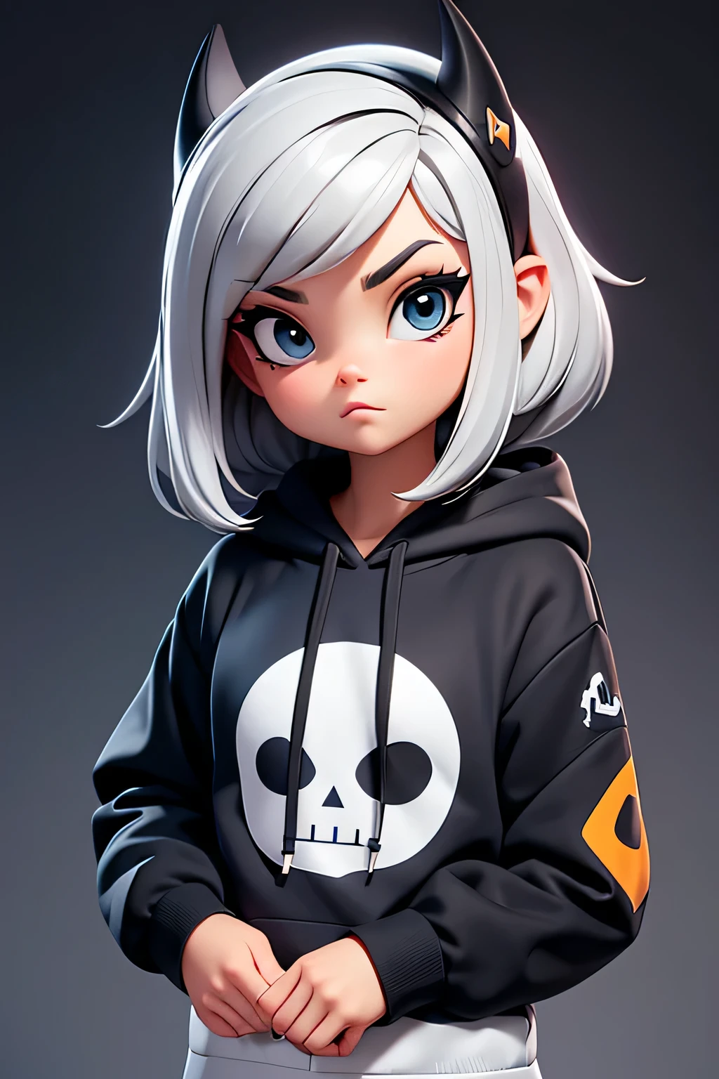 A beautiful Babe wearing a Graphic Hoodie, Facing the camera, Cartoon style, 8k. Dark gray background
