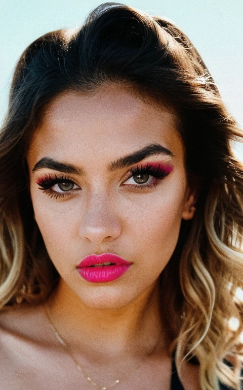 raw photo, photograph, film still, cinematic, fashion photograph of a beautiful 25-year old Mexican-American woman, long wavy black hair, big beautiful eyes, dark eye shadow, dark thick eye brows, thin nose, nose ring, juicy lips, high cheekbones,, detailed skin texture, shot on film, ((vibrant colors, neon theme)), photo grain, 3600 iso, cinestill
