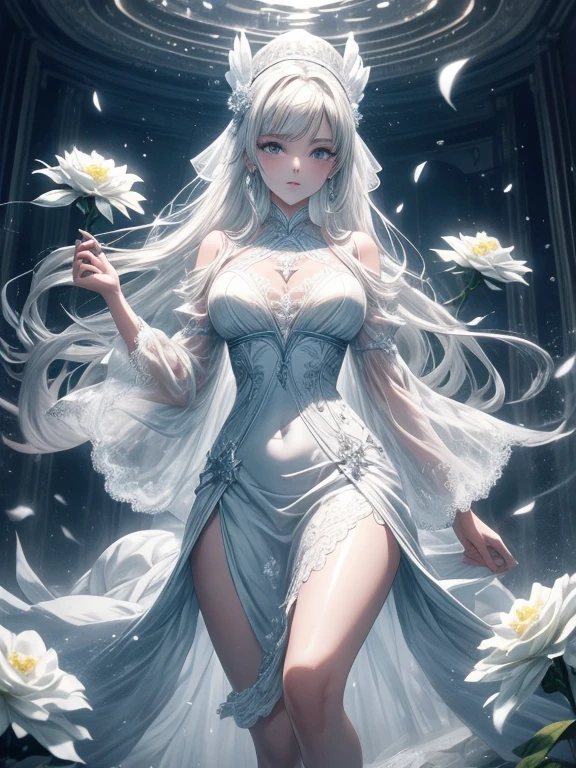 Paradise in Heaven, white light naste piece), (Best Quality), (Cinematic), 8K, (art  stations), Li Yue&#39;s style of painting.(長いWhite hairとSilvery eyesを持つ1人の女), (Beautiful delicate face)、[ particle roux full moon] [Frozen trees々] [landscape crystal] [Lighting] [Ethereal Atmosphere]:1.1] [Fantasy, short story] [soft Lighting] [+Cinematic shot]:1.2 [+art  stations] [+Light white background] [+soft Lighting] [soft glow] [Creative and dynamic angles]:1.3, [+crystal tonina steppiece, ighly detailed, Ultra-detailed, Solo, (pale skin), Silvery eyes, White hair, (snowy background), (snowflake rose flower:1.0), (shining crystals),, (Snowy ground), (sexy white lacy mail、dreamy and detailed, Gorgeous settings, 妖しい雰囲気 masutepiece, The most beautiful scenes, An majestic、(((Filled with white flowers)))、quiet and serene atmosphere、A charming, all white tones,Inside the crystal library,Transparent flowers and falling snow，Many white roses are planted,(flowingwater,falls,water bloom),The decoration is also carefully finished..,Dreamy（ighly detailedです，Creative Design，crisp and precise lines，K HD，best qualtiy，tmasterpiece，超hight resolution，4K）、Beautiful white flower hair ornament in diverse poses))、Beautiful hairstyle、(Best Quality, 4K, 8K, hight resolution, masutepiece:1.2), Ultra-detailed, Detailed expression, Graceful posture, expressive brush strokes, mystic atmosphere, artistic interpretation,Delicate floral jewelry， (((Detailed design、Beautiful dress with sheer lace、see-through little dress)))、(SFW:1.5), (Oversized breasts, best body proportions, The proportion of large breasts,:1.5),(Regular crystal accessories on the arms are decorated in white。))、(((Design with wide open chest)))