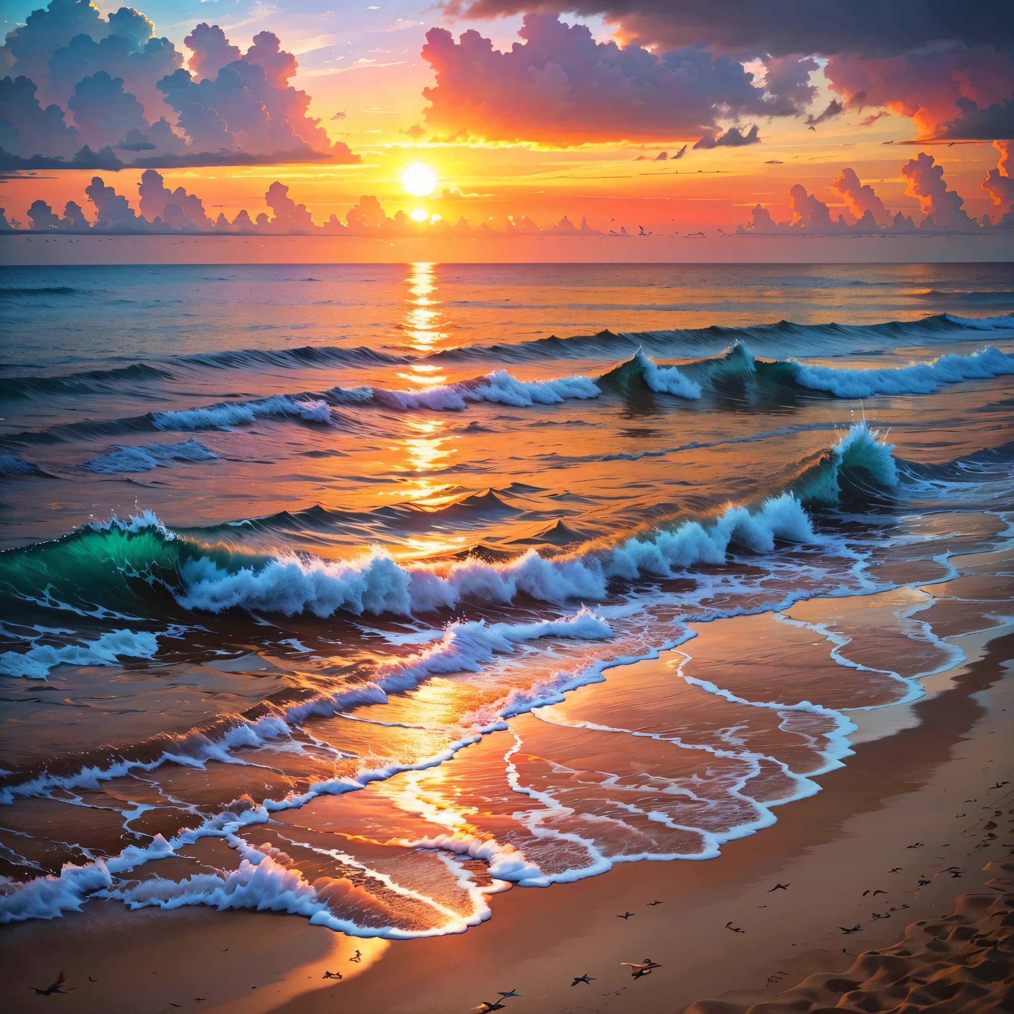 An absolutely mesmerizing sunset over the beach, with a blend of oranges, pinks, and yellows filling the sky. Crystal-clear waters of the sea gently kissing the shore, with sandy white beach stretching far and wide. The scene is dynamic and breathtaking, with seagulls soaring high in the sky and gently swaying palm trees. Take in the calming atmosphere and let the peacefulness wash over you.