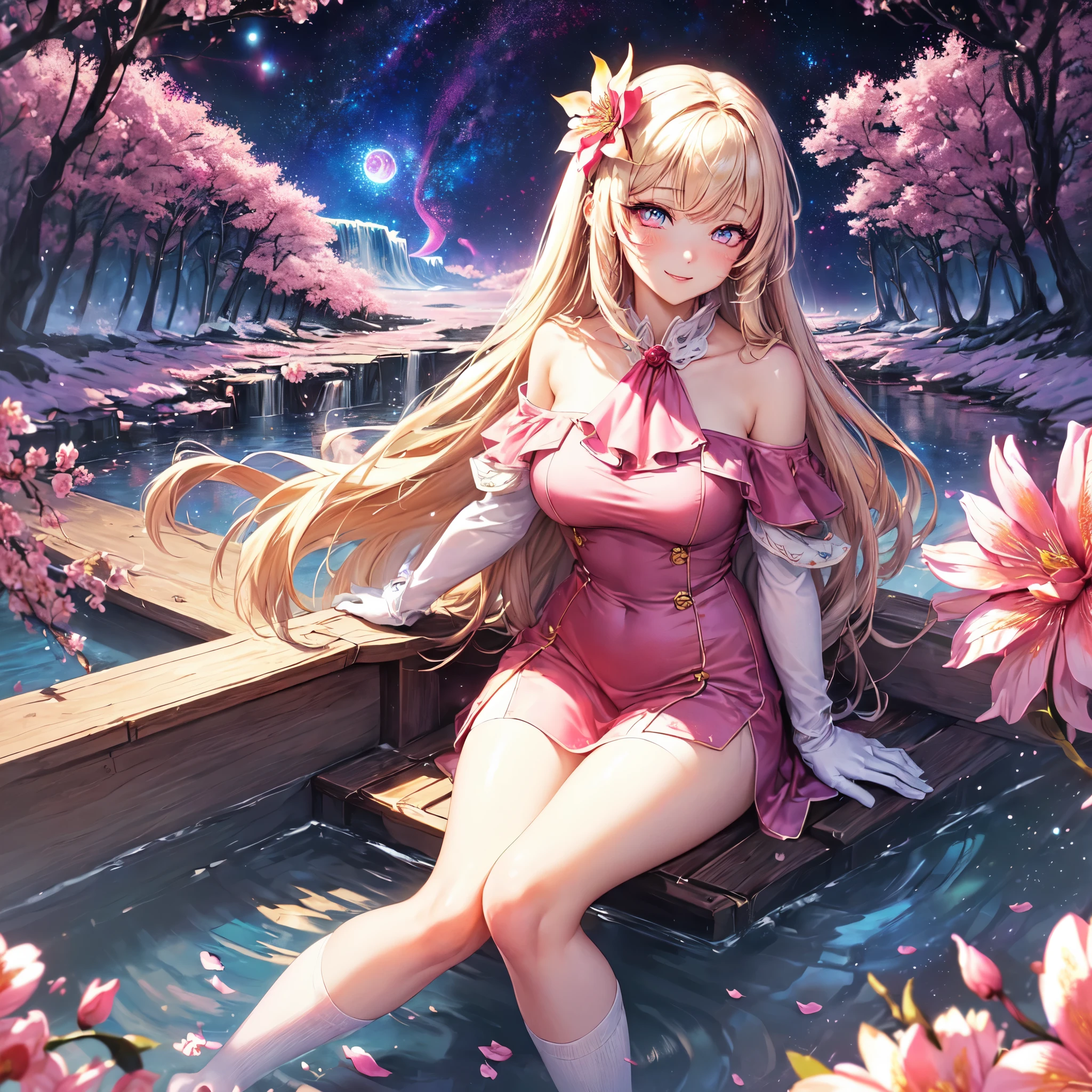 official art, masterpiece, sharp focueautiful gorgeous cute Korean woman:1.3), (beautiful cute korean:1.3), (beautiful amd aesthetic:1.3), korean beauty, Delicate and beautiful hair and eyes and face, realistic, ultra detailed, beautiful girl, blue sky, glow white particle, (sidelighting:1.2), sun light, white cloud, detailed clouds, slender, Lovely very large breasts and very large hips,showing pink slip, (((shy and aroused, pink Star-shaped pupils wink eyes)), (((Cuteness:1.5)), scenery, long straight hair, sexy facial expression, build (Blossomscape:1.7), dynamic hair, blonde long straight hair, detailed hair, streaked hair, glow pink wink eyes, sitting on boat in Waterfall (white shoulder strap+fiery rose Ascot dress+white off shoulder blouse), (white long socks:1), pale skin, epic scenery, hair ornament, Princess white gloves, sexy look, ((bloodmoon:1)), ((PinkGalaxySky:1.7))