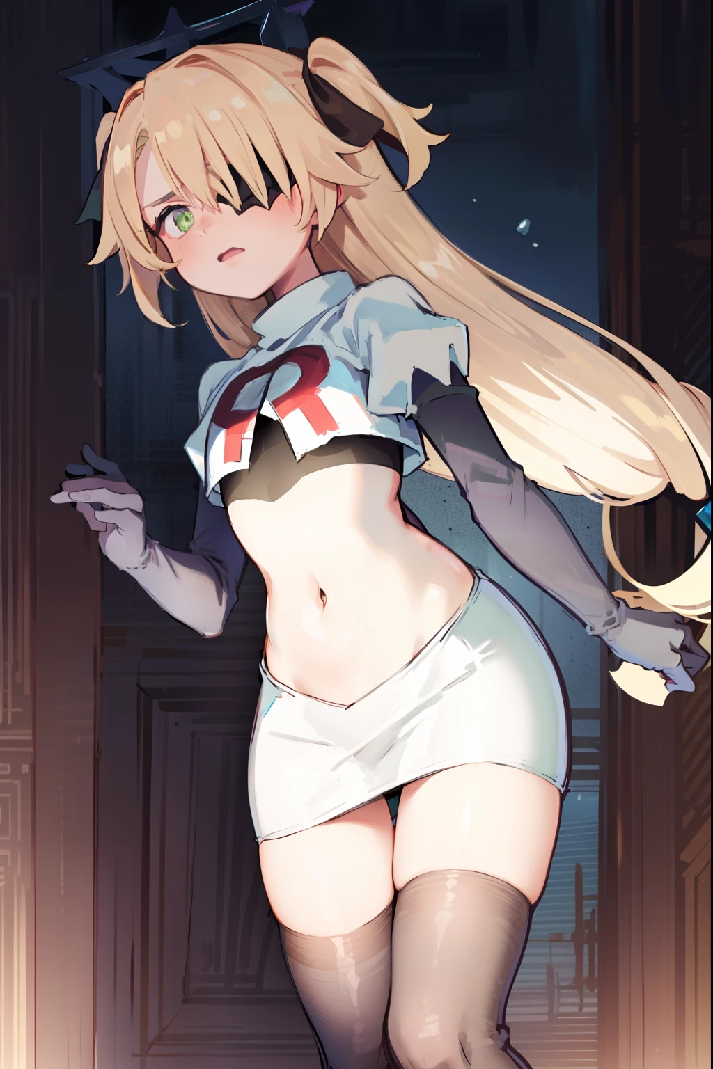 absurdres, fischl (dunkelnacht sakrament) (genshin impact), green eyes, (white pupils:1.2), fischl (genshin impact), medium_breasts, blonde hair, eyepatch, long hair, hair over one eye, bangs, hair ribbon, small breasts, 1girl, team rocket,team rocket uniform,white skirt,red letter R,crop top,black thigh-highs,black elbow gloves, embarrassed, blush