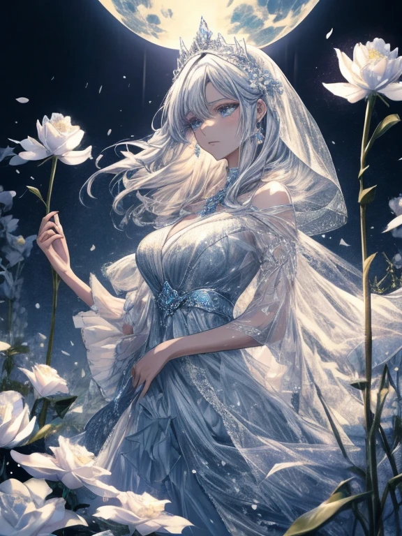 scenecy, Paradise in Heaven, white light naste piece), (Best Quality), (Cinematic), 8K, (art  stations), Li Yue&#39;s style of painting.(長い白い髪とSilvery eyesを持つ1人の女), (流れるような白くSheerドレス)、(Beautiful delicate face)、[ particle roux full moon] [Frozen trees々] [landscape crystal] [Lighting] [Ethereal Atmosphere]:1.1] [Fantasy, short story] [soft Lighting] [+Cinematic shot]:1.2 [+art  stations] [+Light white background] [+soft Lighting] [soft glow] [Creative and dynamic angles]:1.3, [+crystal tonina steppiece, ighly detailed, Ultra-detailed, Solo, (pale skin), Silvery eyes, Frosty white hair, (snowy background), (snowflake rose flower:1.0), crystal crown, (shining crystals), (((白くSheerドレス))), (Snowy ground), (Icy breath), (White lashes), 花のある部屋に立つSheer繊細なウェディングドレスを着た美女, Female sexy、luxurious wedding, very magical and dreamy, dreamy and detailed, ethereal fairy tale, fairy tale stage:,贅沢なSheer薄いドレス, dreamy diamond、たくさんのクリスタルが付いたSheerドレス, fantasy sheer dress, A magical dress with a transparent chest, crystal see-through dress, Feminine atmosphere and drama in a Transparent dress with sparkling flowers, Gorgeous settings, 妖しい雰囲気 masutepiece, The most beautiful scenes, An majestic、(((Filled with white flowers)))、quiet and serene atmosphere、A charming, Sheer,The nipple is visible、large boob、sexy-S 100,たくさんのクリスタルが付いたSheerドレス, fantasy sheer dress, Transparent Chest Dress, See-through dress encrusted with crystals, Woman in a Transparent dress with sparkling white flowers, intricate fantasy sheer dress, transparent rainbow color, Detailed translucent costume design, Transparent dress, a stunning young ethereal figure, Bejeweled Opal Statue, fantasy transparent costume,pure white and dazzling、all white tones,Inside the crystal library,Transparent flowers and falling snow，Many white roses are planted,(flowingwater,falls,water bloom),The decoration is also carefully finished..,Dreamy（ighly detailedです，Creative Design，crisp and precise lines，K HD，best qualtiy，tmasterpiece，超hight resolution，4K）、Colossal tits、Underwear models、Beautiful white flower hair ornament in diverse poses))、beautiful hairl型、full-body view、sexymodel、Overhead view, look from above、(Best Quality, 4K, 8K, hight resolution, masutepiece:1.2), Ultra-detailed, Detailed expression, Graceful posture, dreamy ambiance, expressive brush strokes, mystic atmosphere, artistic interpretation,beautiful hairl，Delicate floral jewelry， 驚くほど小さな新鮮なスタイルのSheerドレス、 Subtle colors and tones,