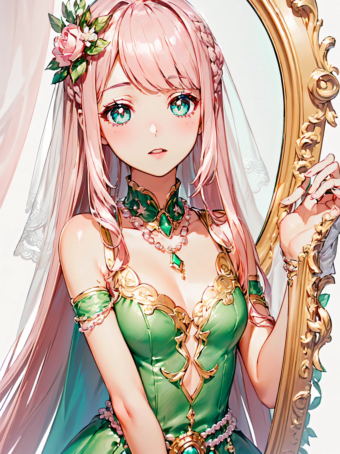 (((Pearl pink hair,Jade Eyeglasses:1.2)),((beautiful big breasts and big breasts detailed bridal gauntlets,Bouquet,veils,))(the face红), (Geometric:1.1), ((1 girl,Amazing Cleavage,cute female child,Alone,Bust photo,))(tmasterpiece,Best quality at best, offcial art, Beautiful big breasts and big breasts aesthetic:1.2),(16k,k hd,HRS),((A sagging breast,little breast)),(physically-based renderingt),Focus sharp, (((highdetailskin,))),Costume details are intricate，Delicate pupils,((((shinny hair|detailed头发|Half bangs|long whitr hair)))),(tmasterpiece侧光),(The sheen),((beautiful hairl,beatiful background,bokeh:55mm)),((exceedingly_detailed_The eye_big breasts and big breasts_the face)),Movie Girl,(dynamicposes: 1.2),outstanding