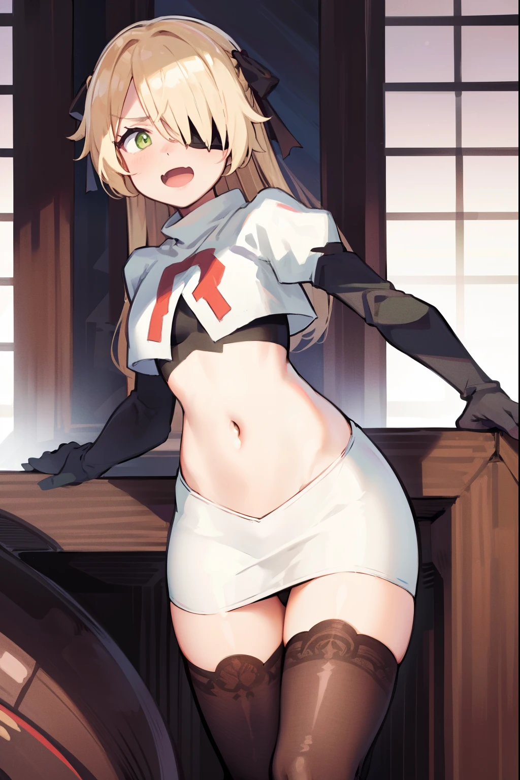 absurdres, fischl (dunkelnacht sakrament) (genshin impact), green eyes, (white pupils:1.2), fischl (genshin impact), medium_breasts, blonde hair, eyepatch, long hair, hair over one eye, bangs, hair ribbon, small breasts, 1girl, team rocket,team rocket uniform,white skirt,red letter R,crop top,black thigh-highs,black elbow gloves, laughing,happy, blush