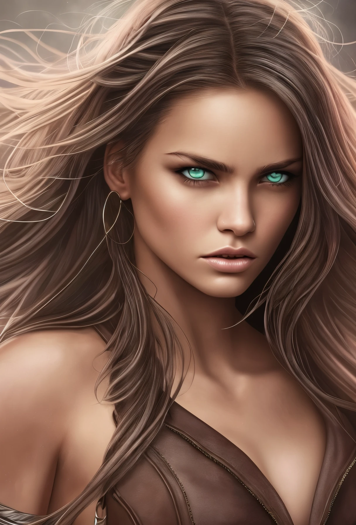 A stunning super close-up of a woman with long, loose, curly hair, caught in the middle of a fierce fight. His piercing eyes convey a sense of determination and strength. As your hair cascades around you like a dark, swirling storm. Rendered in Artgerm's signature style, This image is captivating and powerful. - --auto --s2
