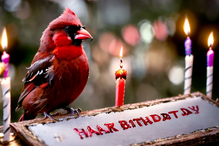 (masterpiece, best quality:1.2), ultra-detailed, Brown and red bird, (realistic:1.5), ((Add words ((Happy Birthday letters)) on a sign)) , Birthday celebration
 New Years background, on carved intricately ornate Druid altarpiece in mysterious deep forest background, twisted candles on the sides, perfect reflection, soft candle lighting, fantasy style highly detailed, unreal engine