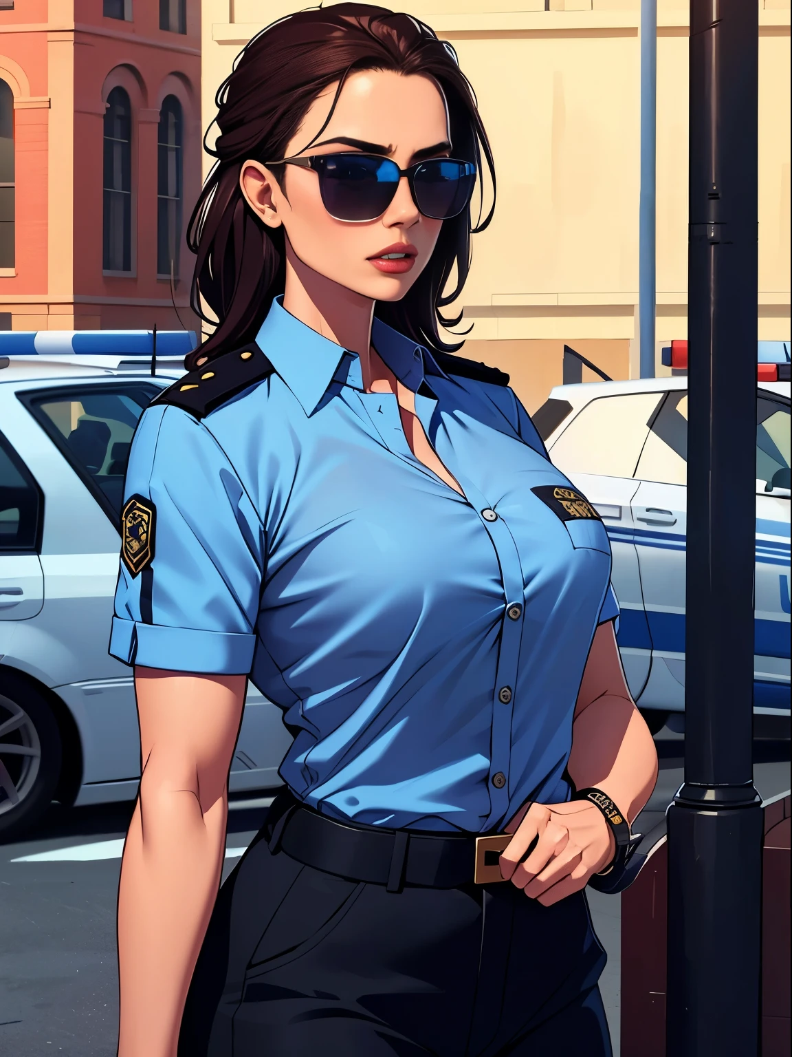 1woman, dressed in police uniform, shirt, trousers, sunglasses , 8k