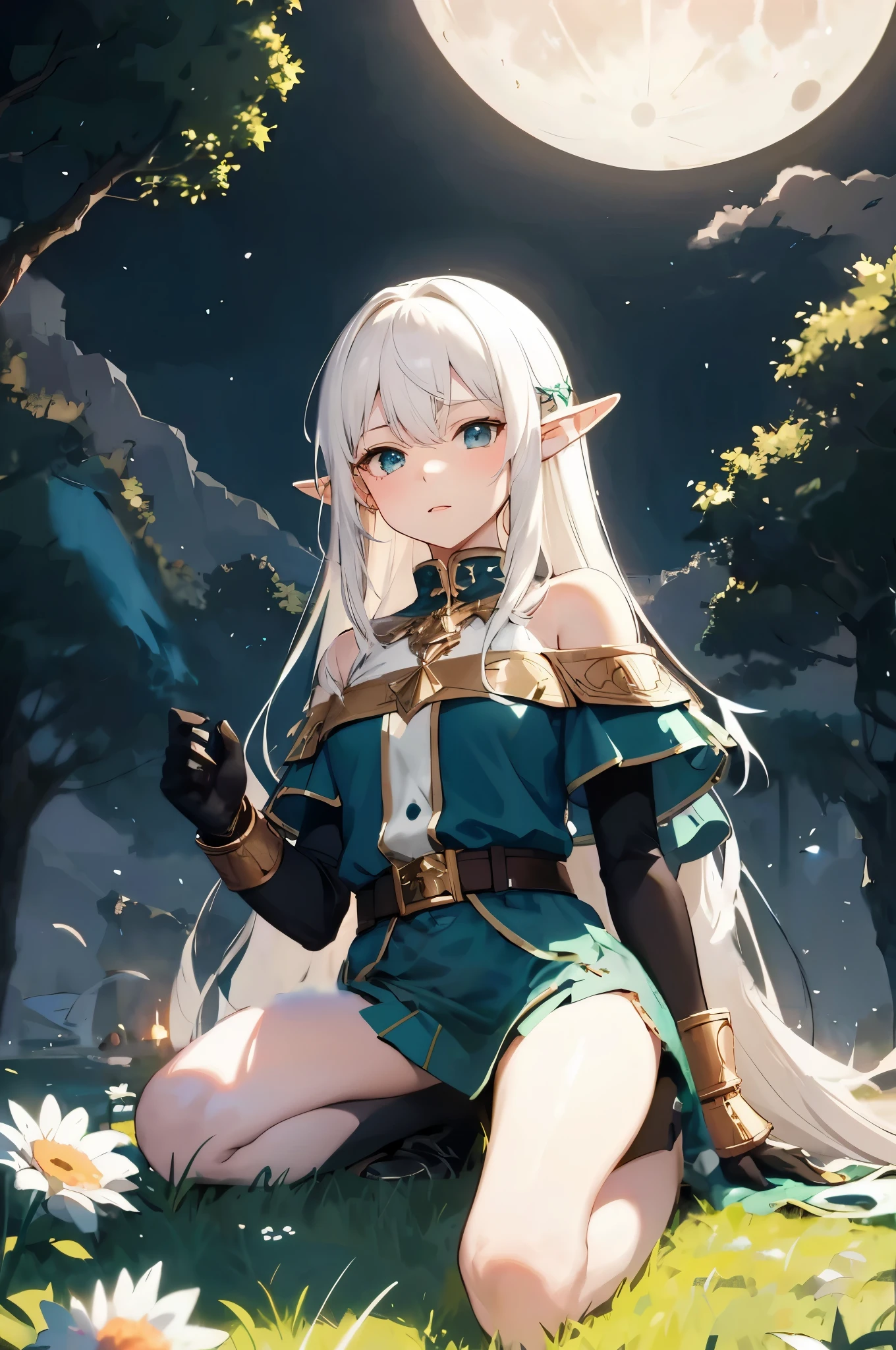 A girl with long legs kneeling on the grass, wearing a knee-length skirt. Illustration, high resolution, ultra-detailed, realistic, portraits, vibrant colors, soft lighting.