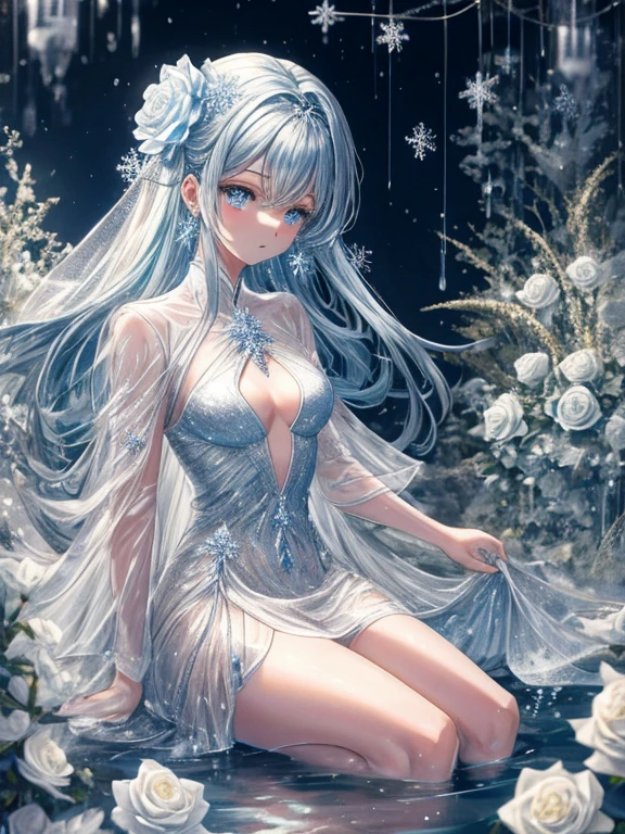 scenecy, Paradise in Heaven, white light naste piece), (Best Quality), (Cinematic), 8K, (art  stations), Li Yue&#39;s style of painting. (長い白い髪とSilvery eyesを持つ1人の女), (流れるような白くSheerドレス)、(Beautiful delicate face)、[ particle roux full moon] [Frozen trees々] [landscape crystal] [Lighting] [Ethereal Atmosphere]:1.1] [Fantasy, short story] [soft Lighting] [+Cinematic shot]:1.2 [+art  stations] [+Light white background] [+soft Lighting] [soft glow] [Creative and dynamic angles]:1.3, [+crystal tonina steppiece, ighly detailed, Ultra-detailed, Solo, (pale skin), Silvery eyes, Frosty white hair, (snowy background), (snowflake rose flower:1.5), (crystal crown), (shining crystals), (((白くSheerドレス))), (Snowy ground), (Icy breath), (Frozen lashes), 花のある部屋に立つSheer繊細なウェディングドレスを着た美女, Female sexy、luxurious wedding, very magical and dreamy, dreamy and detailed, ethereal fairy tale, fairy tale stage:, 贅沢なSheer薄いドレス, dreamy diamond、たくさんのクリスタルが付いたSheerドレス, fantasy sheer dress, A magical dress with a transparent chest, crystal see-through dress, Feminine atmosphere and drama in a Transparent dress with sparkling flowers, Gorgeous settings, 妖しい雰囲気 masutepiece, The most beautiful scenes, An majestic、(((Filled with white flowers)))、quiet and serene atmosphere、A charming, Sheer,The nipple is visible、large boob、sexy-S 100,たくさんのクリスタルが付いたSheerドレス, fantasy sheer dress, Transparent Chest Dress, See-through dress encrusted with crystals, Woman in a Transparent dress with sparkling white flowers, intricate fantasy sheer dress, transparent rainbow color, Detailed translucent costume design, Transparent dress, a stunning young ethereal figure, Bejeweled Opal Statue, fantasy transparent costume,pure white and dazzling、all white tones,Inside the crystal library,Transparent flowers and falling snow，((Many white roses are planted)),(flowingwater,falls,water bloom),The decoration is also carefully finished..,Dreamy（ighly detailedです，Creative Design，crisp and precise lines，K HD，best qualtiy，tmasterpiece，超hight resolution，4K）、modeled、Beautiful white flower hair ornament in diverse poses))、Beautiful hairstyle、full-body view、グラビアmodeled、Overhead view, look from above、(Best Quality, 4K, 8K, hight resolution, masutepiece:1.2), Ultra-detailed, Detailed expression, Graceful posture, dreamy ambiance, expressive brush strokes, mystic atmosphere, artistic interpretation,Beautiful coiled hair，Delicate floral jewelry， 驚くほど小さな新鮮なスタイルのSheerドレス、 Subtle colors and tones, Mystical aura,