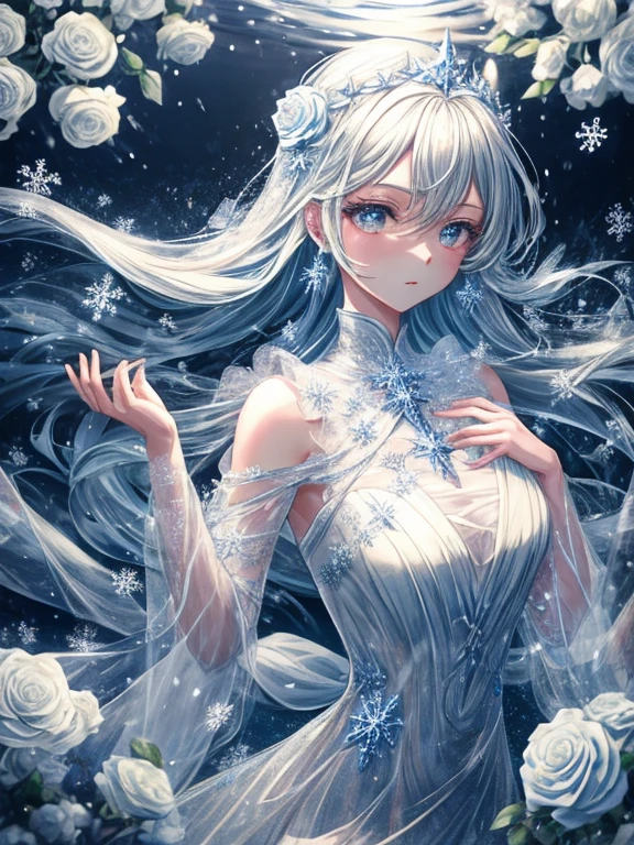 scenecy, Paradise in Heaven, white light naste piece), (Best Quality), (Cinematic), 8K, (art  stations), Li Yue&#39;s style of painting. (長い白い髪とSilvery eyesを持つ1人の女), (流れるような白くSheerドレス)、(Beautiful delicate face)、[ particle roux full moon] [Frozen trees々] [landscape crystal] [Lighting] [Ethereal Atmosphere]:1.1] [Fantasy, short story] [soft Lighting] [+Cinematic shot]:1.2 [+art  stations] [+Light white background] [+soft Lighting] [soft glow] [Creative and dynamic angles]:1.3, [+crystal tonina steppiece, ighly detailed, Ultra-detailed, Solo, (pale skin), Silvery eyes, Frosty white hair, (snowy background), (snowflake rose flower:1.5), (crystal crown), (shining crystals), (((白くSheerドレス))), (Snowy ground), (Icy breath), (Frozen lashes), 花のある部屋に立つSheer繊細なウェディングドレスを着た美女, Female sexy、luxurious wedding, very magical and dreamy, dreamy and detailed, ethereal fairy tale, fairy tale stage:, 贅沢なSheer薄いドレス, dreamy diamond、たくさんのクリスタルが付いたSheerドレス, fantasy sheer dress, A magical dress with a transparent chest, crystal see-through dress, Feminine atmosphere and drama in a Transparent dress with sparkling flowers, Gorgeous settings, 妖しい雰囲気 masutepiece, The most beautiful scenes, An majestic、(((Filled with white flowers)))、quiet and serene atmosphere、A charming, Sheer,The nipple is visible、large boob、sexy-S 100,たくさんのクリスタルが付いたSheerドレス, fantasy sheer dress, Transparent Chest Dress, See-through dress encrusted with crystals, Woman in a Transparent dress with sparkling white flowers, intricate fantasy sheer dress, transparent rainbow color, Detailed translucent costume design, Transparent dress, a stunning young ethereal figure, Bejeweled Opal Statue, fantasy transparent costume,pure white and dazzling、all white tones,Inside the crystal library,Transparent flowers and falling snow，((Many white roses are planted)),(flowingwater,falls,water bloom),The decoration is also carefully finished..,Dreamy（ighly detailedです，Creative Design，crisp and precise lines，K HD，best qualtiy，tmasterpiece，超hight resolution，4K）、modeled、Beautiful white flower hair ornament in diverse poses))、Beautiful hairstyle、full-body view、グラビアmodeled、Overhead view, look from above、(Best Quality, 4K, 8K, hight resolution, masutepiece:1.2), Ultra-detailed, Detailed expression, Graceful posture, dreamy ambiance, expressive brush strokes, mystic atmosphere, artistic interpretation,Beautiful coiled hair，Delicate floral jewelry， 驚くほど小さな新鮮なスタイルのSheerドレス、 Subtle colors and tones, Mystical aura,