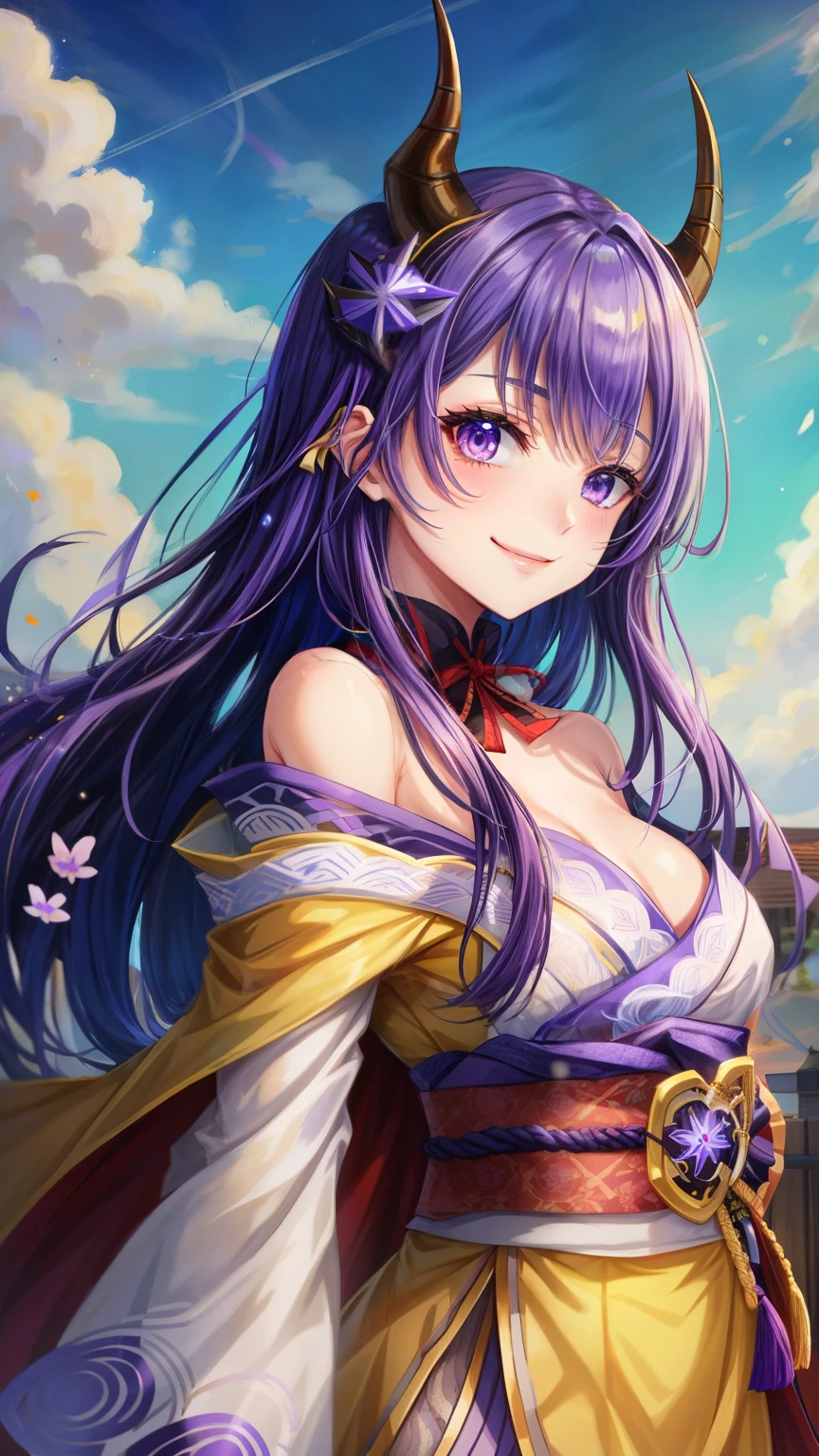 a picture of pretty anime girl with horns in yellow dress with purple cape, 1girl, solo, purple eyes, smile, looking at viewer, raiden shogun, purple hair, sky, outdoors, long hair