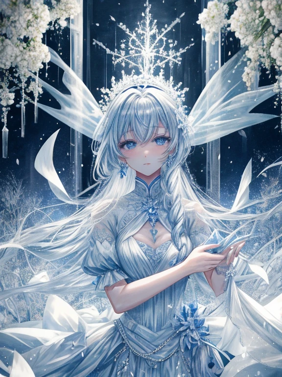 scenecy, Paradise in Heaven, white light naste piece), (Best Quality), (Cinematic), 8K, (art  stations), Li Yue&#39;s style of painting. (長い白い髪とSilvery eyesを持つ1人の女), (流れるような白くSheerドレス)、(Beautiful delicate face)、[ particle roux full moon] [Frozen trees々] [landscape crystal] [Lighting] [Ethereal Atmosphere]:1.1] [Fantasy, short story] [soft Lighting] [+Cinematic shot]:1.2 [+art  stations] [+Light white background] [+soft Lighting] [soft glow] [Creative and dynamic angles]:1.3, [+crystal tonina steppiece, ighly detailed, Ultra-detailed, Solo, (pale skin), Silvery eyes, Frosty white hair, (snowy background), snowflake rose flower:1.5), (crystal crown), (shining crystals), (((白くSheerドレス))), (Snowy ground), (Icy breath), (Frozen lashes), 花のある部屋に立つSheer繊細なウェディングドレスを着た美女, Female sexy、luxurious wedding, very magical and dreamy, dreamy and detailed, ethereal fairy tale, fairy tale stage:, 贅沢なSheer薄いドレス, dreamy diamond、たくさんのクリスタルが付いたSheerドレス, fantasy sheer dress, A magical dress with a transparent chest, crystal see-through dress, Woman in a Transparent dress with sparkling flowersな雰囲気とドラマ, Gorgeous settings, Luxurious and intricate sheer long gown, 妖しい雰囲気 masutepiece, The most beautiful scenes, An majestic、(((Filled with white flowers)))、quiet and serene atmosphere、A charming, Sheer,The nipple is visible、large boob、sexy-S 100,たくさんのクリスタルが付いたSheerドレス, fantasy sheer dress, Transparent Chest Dress, crystal see-through dress, Woman in a Transparent dress with sparkling flowers, intricate fantasy sheer dress, transparent rainbow color, Detailed translucent costume design, Transparent dress, a stunning young ethereal figure, Bejeweled Opal Statue, fantasy transparent costume,pure white and dazzling、all white tones,Inside the crystal library,Transparent flowers and falling snow，Many white roses were planted,flowingwater,falls,water bloom,The decoration is also carefully finished..,Dreamy（ighly detailedです，Creative Design，crisp and precise lines，K HD，best qualtiy，tmasterpiece，超hight resolution，4K）、modeled、Beautiful hair ornaments in various poses、Beautiful hairstyle、full-body view、グラビアmodeled、Overhead view, look from above、(Best Quality, 4K, 8K, hight resolution, masutepiece:1.2), Ultra-detailed,  Detailed expression, Graceful posture, dreamy ambiance, expressive brush strokes, mystic atmosphere, artistic interpretation,Beautiful coiled hair，Delicate floral jewelry， 驚くほど小さな新鮮なスタイルのSheerドレス、 Subtle colors and tones, Mystical aura,