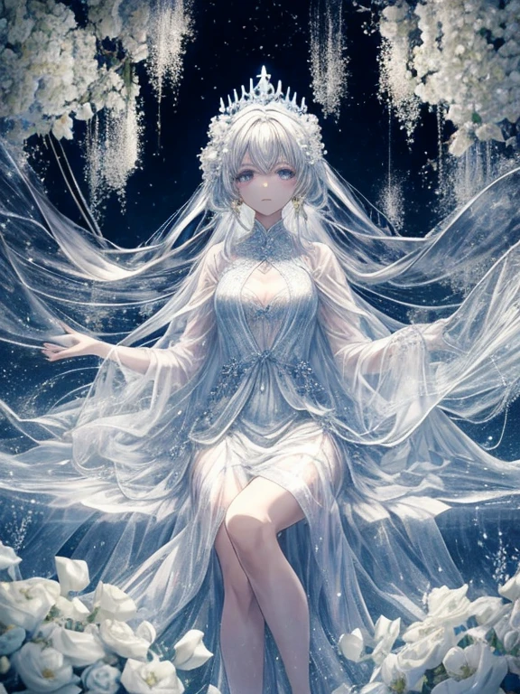 best quality，masterpiece，High resolution，a beauty，Exquisite face shape，ice princess，Ice magic，full-body shot，ice princess裙，，white hair，snowflake decoration，full-body shot，Deep V dress