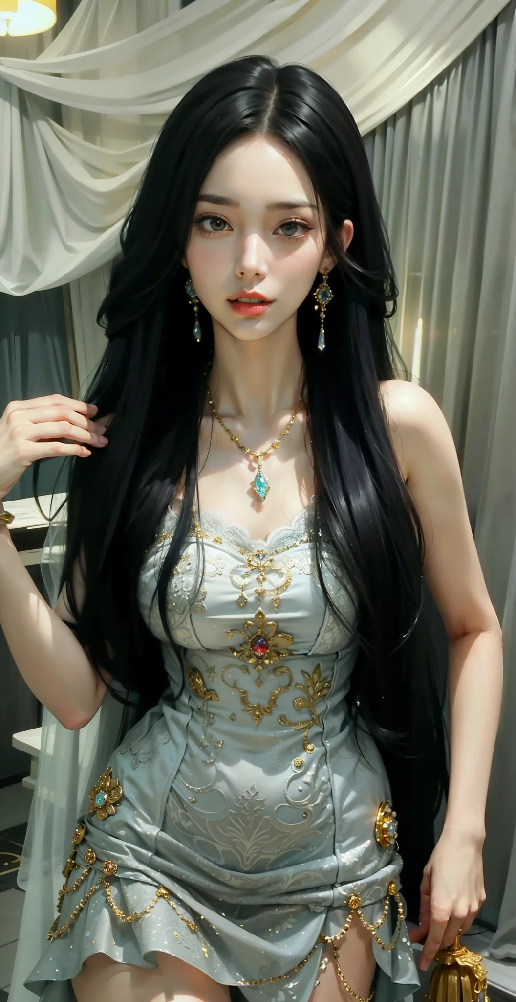 Imperial sister,詳細な目,Detailed details,Ripe body,Tall figure,legs long,4K,k hd,fleshy feeling,White translucent lace,Fair and plump figure,Nice face,Cherry small mouth,beautiful and delicious(3D royal sister),Gorgeous dress encrusted with gemstones crystal gold diamonds,