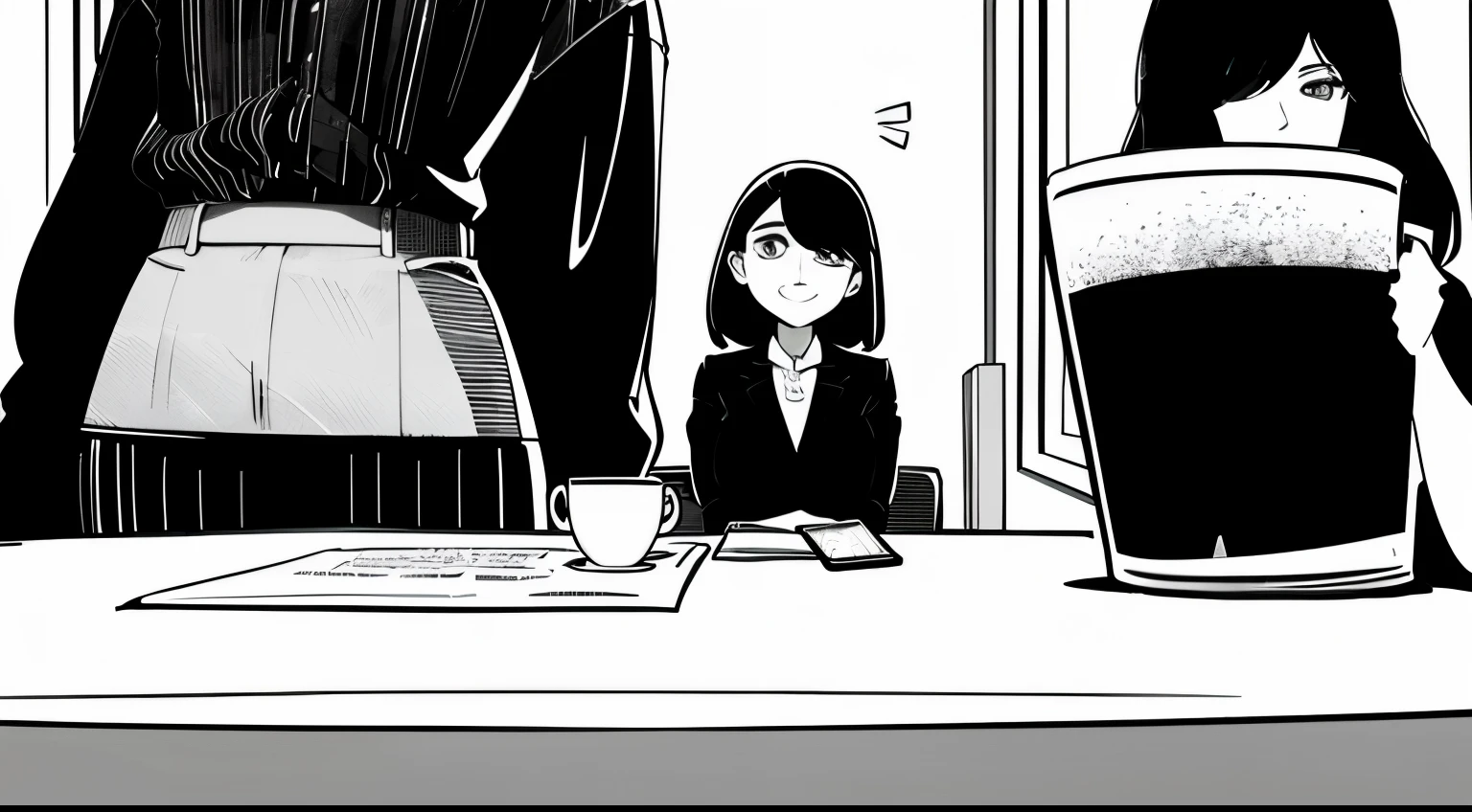 a centralized 2020s cartoon style drawing, rasterized in black and white, a successful executive woman, an imposing woman in an office talking on her cell phone in front of the table with details of papers and in front of a beautiful cup of coffee and looking at the viewer((best quality)), ((master part)), (circunstanciado), rosto perfeito