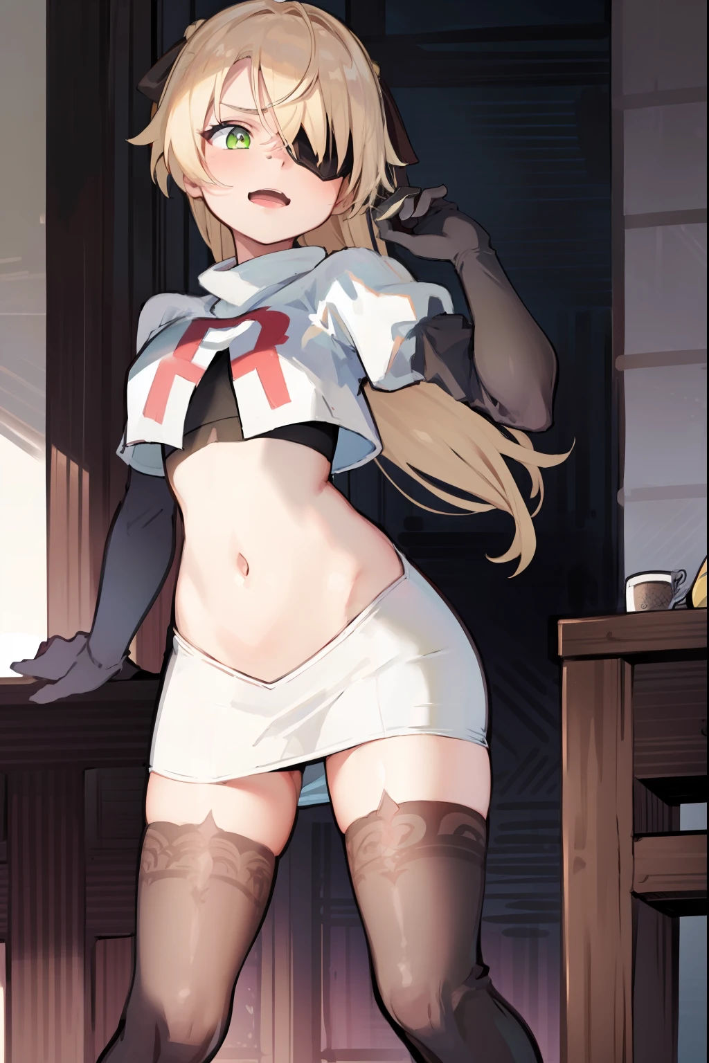 absurdres, fischl (dunkelnacht sakrament) (genshin impact), green eyes, (white pupils:1.2), fischl (genshin impact), medium_breasts, blonde hair, eyepatch, long hair, hair over one eye, bangs, hair ribbon, small breasts, 1girl, team rocket,team rocket uniform,white skirt,red letter R,crop top,black thigh-highs,black elbow gloves, laughing,happy, blush