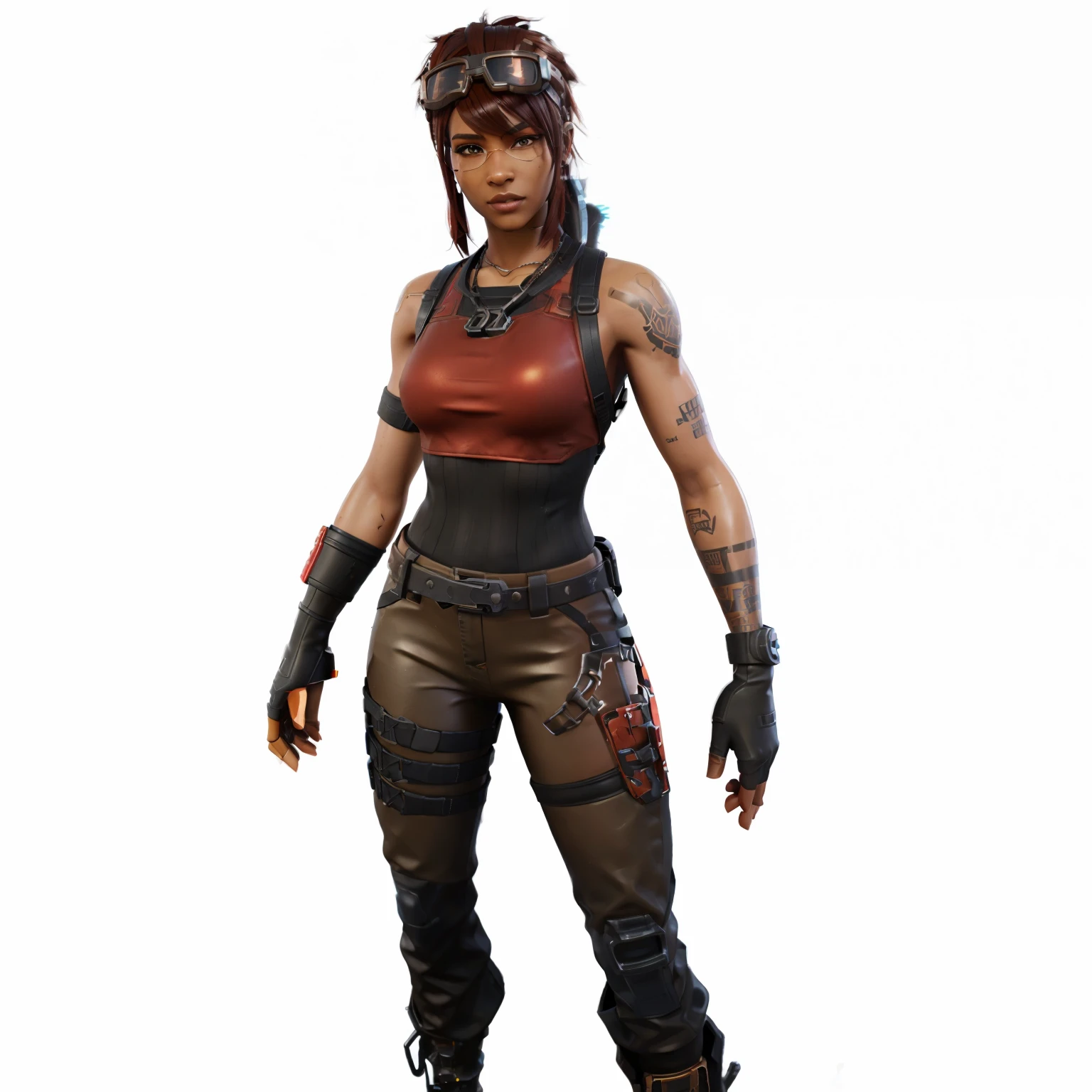 a woman in a red top and black pants with goggles, fortnite character, fortnite skin, mechanic punk outfit, tanny skin, bronze skin, as a fortnite character, skin concept, obsidians skin, metallic bronze skin, skin on the gaming pc, in the skin of fortnite, female full body, female protagonist 👀 :8, full body female, diesel punk female