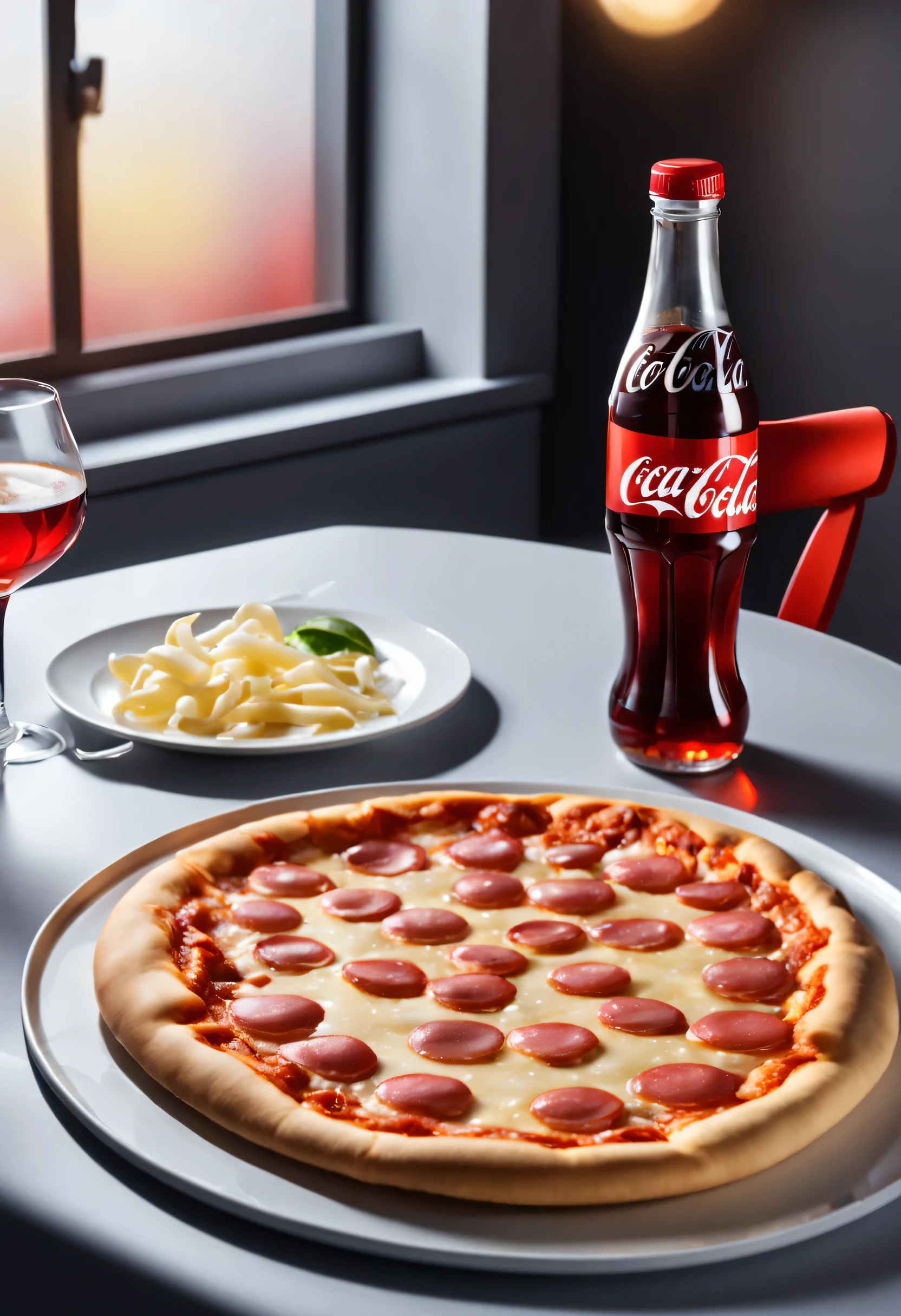 Commercial shooting, a table with a plate with a big mozzarella pizza and a small  bottle of coca cola, poster for, Fresh style background, elegant, Booth lighting, Attractive, photorealistic colors, Ultra HD