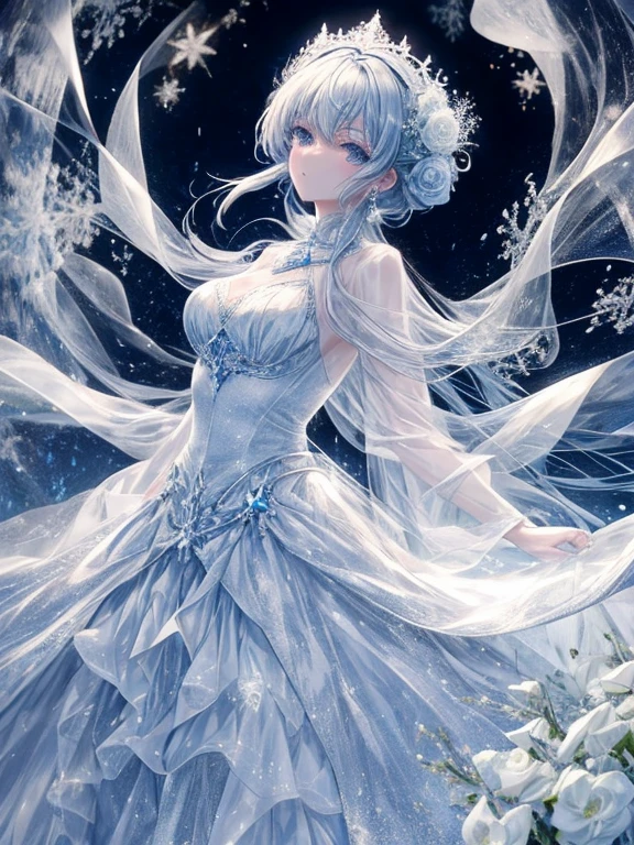 scenecy, Paradise in Heaven, white light naste piece), (Best Quality), (Cinematic), 8K, (art  stations), Li Yue&#39;s style of painting. (長い白い髪とSilvery eyesを持つ1人の女), (流れるような白くSheerドレス)、Beautiful delicate face]、[ particle roux full moon] [Frozen trees々] [landscape crystal] [Lighting] [Ethereal Atmosphere]:1.1 [Fantasy, short story] [soft Lighting] [+Cinematic shot]:1.2 [+art  stations] [+Light white background] [+soft Lighting] [soft glow] [Creative and dynamic angles]:1.3, [+crystal tonina steppiece, ighly detailed, Ultra-detailed, Solo, (pale skin), Silvery eyes, Frosty white hair, (snowy background), snowflake rose flower:1.5), (crystal crown), (shining crystals), (((白くSheerドレス))), (Snowy ground), (Icy breath), (Frozen lashes), 花のある部屋に立つSheer繊細なウェディングドレスを着た美女, Female sexy、luxurious wedding, very magical and dreamy, dreamy and detailed, ethereal fairy tale, fairy tale stage:, 贅沢なSheer薄いドレス, dreamy diamond、たくさんのクリスタルが付いたSheerドレス, fantasy sheer dress, A magical dress with a transparent chest, crystal see-through dress, Woman in a Transparent dress with sparkling flowersな雰囲気とドラマ, Gorgeous settings, Luxurious and intricate sheer long gown, Mustepiece with a mysterious atmosphere, The most beautiful scenes, An majestic、(((Filled with white flowers)))、quiet and serene atmosphere、A charming, Sheer,The nipple is visible、large boob、sexy-S 100,たくさんのクリスタルが付いたSheerドレス, fantasy sheer dress, Transparent Chest Dress, crystal see-through dress, Woman in a Transparent dress with sparkling flowers, intricate fantasy sheer dress, transparent rainbow color, Detailed translucent costume design, Transparent dress, a stunning young ethereal figure, Bejeweled Opal Statue, fantasy transparent costume,pure white and dazzling、all white tones,Inside the crystal library,Transparent flowers and falling snow，Many white roses were planted,flowingwater,falls,water bloom,The decoration is also carefully finished..,Dreamy（ighly detailedです，Creative Design，crisp and precise lines，K HD，best qualtiy，tmasterpiece，超A high resolution，4K）、modeled、Beautiful hair ornaments in various poses、Beautiful hairstyle、full-body view、グラビアmodeled