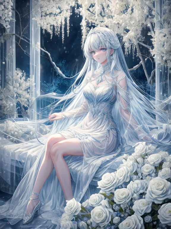 scenecy, Paradise in Heaven, white light naste piece), (Best Quality), (Cinematic), 8K, (art  stations), Li Yue&#39;s style of painting.(長い白い髪とSilvery eyesを持つ1人の女), (流れるような白くSheerドレス)、(Beautiful delicate face)、[ particle roux full moon] [Frozen trees々] [landscape crystal] [Lighting] [Ethereal Atmosphere]:1.1] [Fantasy, short story] [soft Lighting] [+Cinematic shot]:1.2 [+art  stations] [+Light white background] [+soft Lighting] [soft glow] [Creative and dynamic angles]:1.3, [+crystal tonina steppiece, ighly detailed, Ultra-detailed, Solo, (pale skin), Silvery eyes, Frosty white hair, (snowy background), (snowflake rose flower:1.0), crystal crown, (shining crystals), (((白くSheerドレス))), (Snowy ground), (Icy breath), (White lashes), 花のある部屋に立つSheer繊細なウェディングドレスを着た美女, Female sexy、luxurious wedding, very magical and dreamy, dreamy and detailed, ethereal fairy tale, fairy tale stage:,贅沢なSheer薄いドレス, dreamy diamond、たくさんのクリスタルが付いたSheerドレス, fantasy sheer dress, A magical dress with a transparent chest, crystal see-through dress, Feminine atmosphere and drama in a Transparent dress with sparkling flowers, Gorgeous settings, 妖しい雰囲気 masutepiece, The most beautiful scenes, An majestic、(((Filled with white flowers)))、quiet and serene atmosphere、A charming, Sheer,The nipple is visible、large boob、sexy-S 100,たくさんのクリスタルが付いたSheerドレス, fantasy sheer dress, Transparent Chest Dress, See-through dress encrusted with crystals, Woman in a Transparent dress with sparkling white flowers, intricate fantasy sheer dress, transparent rainbow color, Detailed translucent costume design, Transparent dress, a stunning young ethereal figure, Bejeweled Opal Statue, fantasy transparent costume,pure white and dazzling、all white tones,Inside the crystal library,Transparent flowers and falling snow，Many white roses are planted,(flowingwater,falls,water bloom),The decoration is also carefully finished..,Dreamy（ighly detailedです，Creative Design，crisp and precise lines，K HD，best qualtiy，tmasterpiece，超hight resolution，4K）、Colossal tits、Underwear models、Beautiful white flower hair ornament in diverse poses))、beautiful hairl型、full-body view、sexymodel、Overhead view, look from above、(Best Quality, 4K, 8K, hight resolution, masutepiece:1.2), Ultra-detailed, Detailed expression, Graceful posture, dreamy ambiance, expressive brush strokes, mystic atmosphere, artistic interpretation,beautiful hairl，Delicate floral jewelry， 驚くほど小さな新鮮なスタイルのSheerドレス、 Subtle colors and tones,