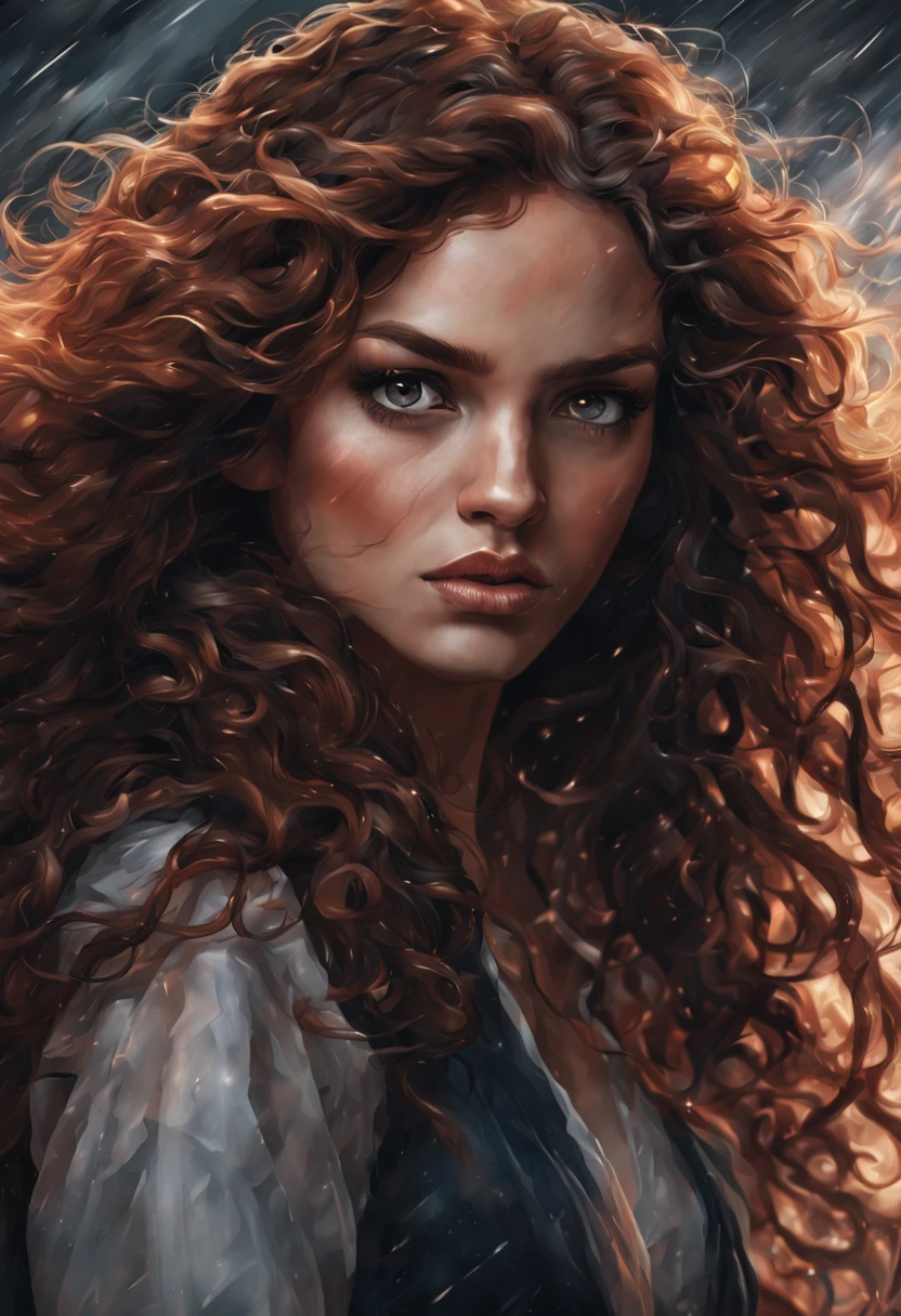 A stunning super close-up of a woman with long, loose, curly hair, ((focus on the face))caught in the middle of a fierce fight. His piercing eyes convey a sense of determination and strength. As your hair cascades around you like a dark, swirling storm. Rendered in Artgerm's signature style, This image is captivating and powerful. -