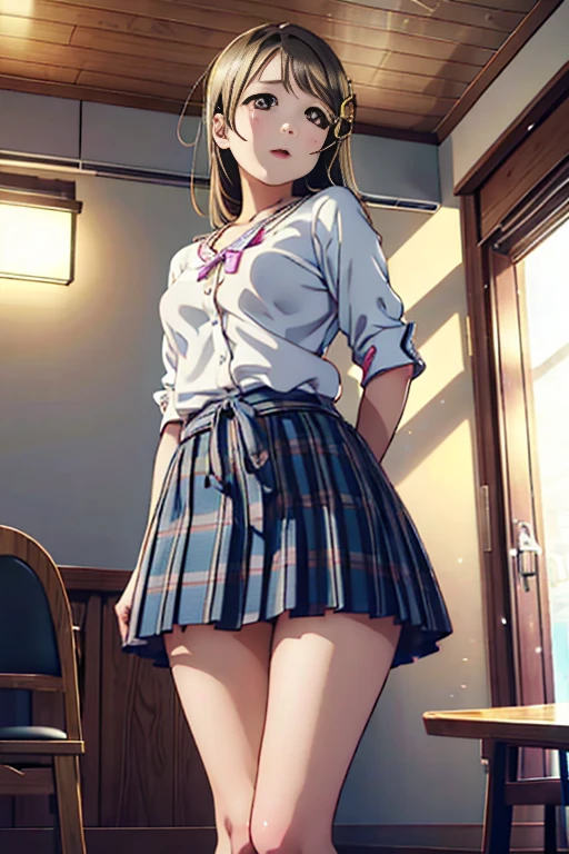 Girl seen from the floor,lovelive、Kasumi Nakasu、 It's okay to wear a skirt, View from below,, medium breasts, ((Very detailed)), (Perfectly detailed face), (Highly detailed hands), Photorealistic images,,up skirt,、(((Completely naked body)))、