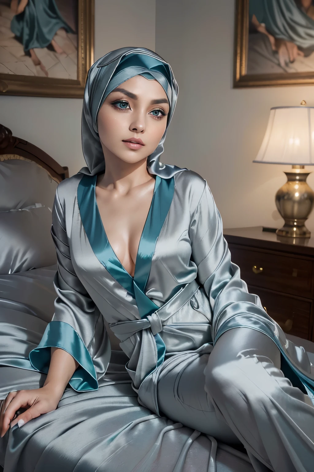 3DMM, ((Masterpiece, best quality, photography, detailed skin, realistic, photo-realistic, 8k, highly detailed, full length frame, High detail RAW color art, diffused soft lighting, shallow depth of field, sharp focus, hyperrealism, cinematic lighting, hijab, a woman in a beautifully makeup, smokey eyeshadow, beautiful big eyes, long eye lashes, wearing (Teal satin hijab), loosely tide hijab style, ((gray satin robes)), satin long pants, lie down, on side, luxury hotel room