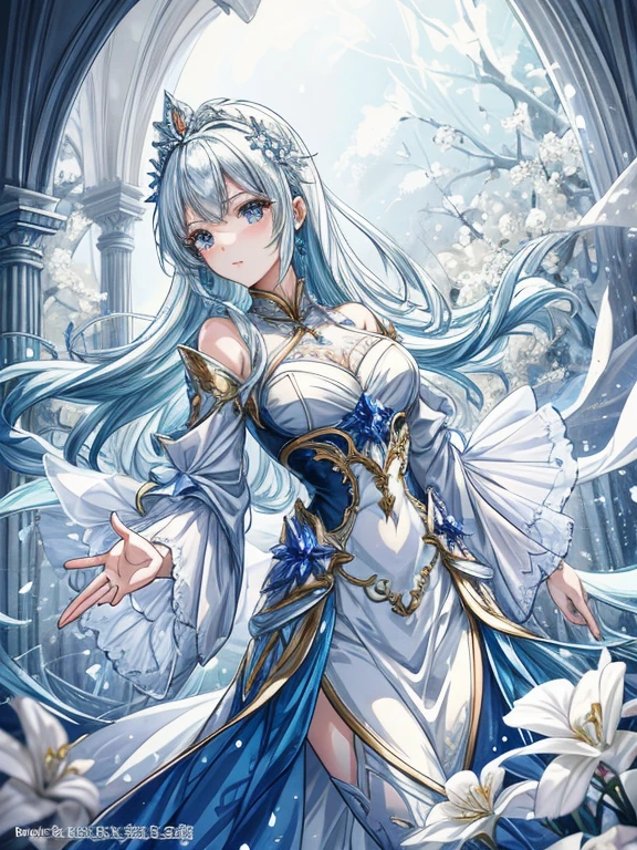 scenecy, Paradise in Heaven, white light naste piece), (Best Quality), (Cinematic), 8K, (art  stations), Li Yue&#39;s style of painting. (長い白い髪とSilvery eyesを持つ1人の女), (流れるような白くSheerドレス)、Beautiful delicate face]、[ Blue skin] [+ Body parts] [ particle roux full moon] [Frozen trees々] [landscape crystal] [Lighting] [Ethereal Atmosphere]:1.1 [Fantasy, short story] [soft Lighting] [+Cinematic shot]:1.2 [+art  stations] [+Light white background] [+soft Lighting] [soft glow] [Creative and dynamic angles]:1.3, [+crystal tonina steppiece, ighly detailed, Ultra-detailed, Solo, (pale skin), Silvery eyes, Frosty white hair, (snowy background), snowflake rose flower:1.5), (crystal crown), (shining crystals), (((白くSheerドレス))), (Snowy ground), (Icy breath), (Frozen lashes), 花のある部屋に立つSheer繊細なウェディングドレスを着た美女, Female sexy、luxurious wedding, very magical and dreamy, dreamy and detailed, ethereal fairy tale, fairy tale stage:, 贅沢なSheer薄いドレス, dreamy diamond、たくさんのクリスタルが付いたSheerドレス, fantasy sheer dress, A magical dress with a transparent chest, crystal see-through dress, Woman in a Transparent dress with sparkling flowersな雰囲気とドラマ, Gorgeous settings, Luxurious and intricate sheer long gown, Mustepiece with a mysterious atmosphere, The most beautiful scenes, An majestic、(((Filled with white flowers)))、quiet and serene atmosphere、A charming, Sheer,The nipple is visible、large boob、sexy-S 100,たくさんのクリスタルが付いたSheerドレス, fantasy sheer dress, Transparent Chest Dress, crystal see-through dress, Woman in a Transparent dress with sparkling flowers, intricate fantasy sheer dress, transparent rainbow color, Detailed translucent costume design, Transparent dress, a stunning young ethereal figure, Bejeweled Opal Statue, fantasy transparent costume,pure white and dazzling、all white tones,Inside the crystal library,Transparent flowers and falling snow，Many white roses were planted,flowingwater,falls,water bloom,The decoration is also carefully finished..,Dreamy（ighly detailedです，Creative Design，crisp and precise lines，K HD，best qualtiy，tmasterpiece，超A high resolution，4K）、modeled、Beautiful hair ornaments in various poses、Beautiful hairstyle、full-body view、グラビアmodeled