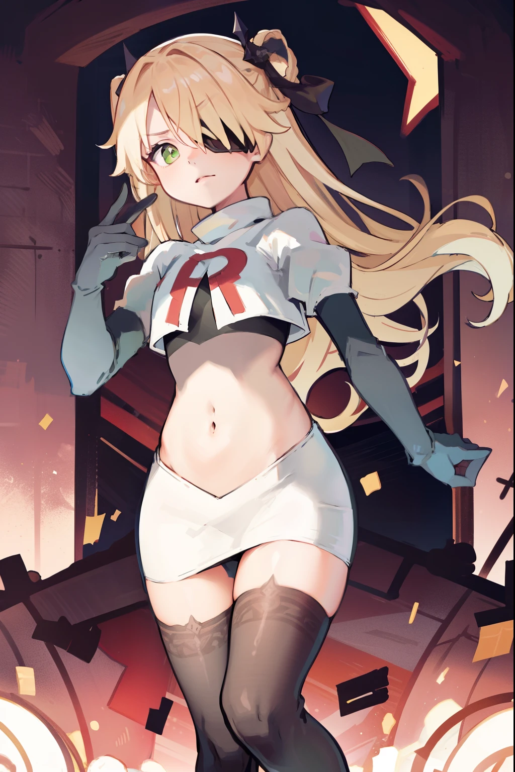 absurdres, fischl (dunkelnacht sakrament) (genshin impact), green eyes, (white pupils:1.2), fischl (genshin impact), medium_breasts, blonde hair, eyepatch, long hair, hair over one eye, bangs, hair ribbon, small breasts, 1girl, team rocket,team rocket uniform,white skirt,red letter R,crop top,black thigh-highs,black elbow gloves,