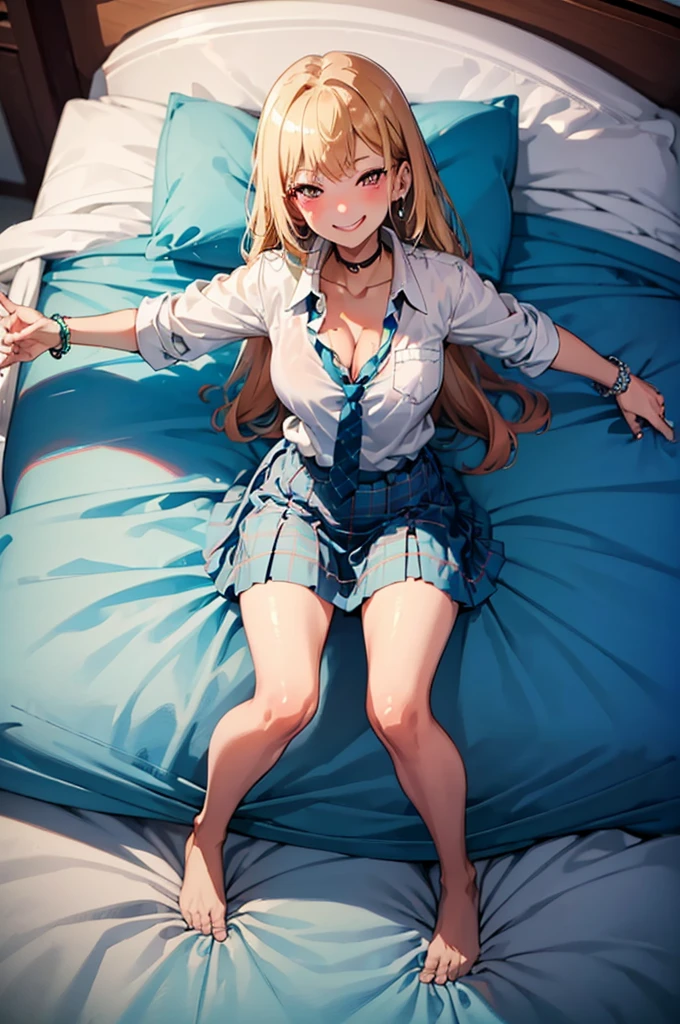 ((full body:1.4)), ((full pose:1.4)), ((sky from above:1.4)), (((masterpiece))), MarinKitagawa, 1girl, long hair, looking at viewer, blush, ((wide smile:1.4)), skirt, blonde hair, large breasts, shirt, red eyes, cleavage, jewelry, school uniform, white shirt, pleated skirt, earrings, bed, necktie, solo focus, choker, collared shirt, blurry, bracelet, blue skirt, plaid, ((lying on bed:1.4)), black choker, plaid skirt, phone, piercing, cellphone, ear piercing, blue necktie, tied shirt, bead bracelet,