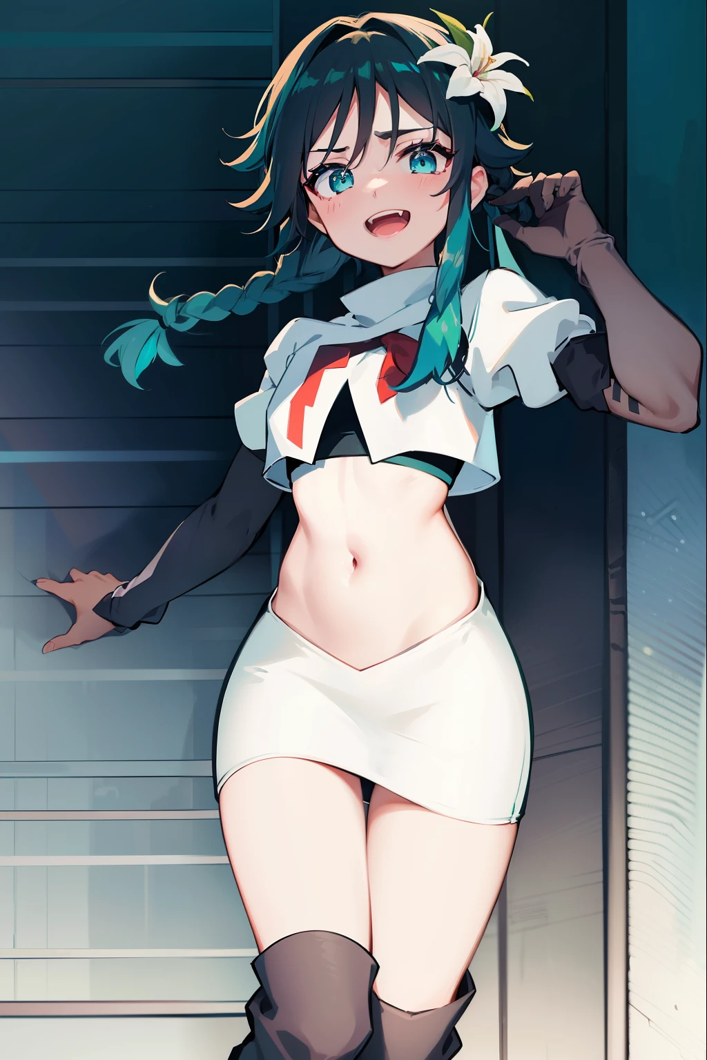 absurdres,venti,1boy, male focus, trap,black hair, green-blue hair, hair braid,hair flower,aqua green eyes,crossdressing,1boy,team rocket,team rocket uniform,white skirt,red letter R,crop top,black thigh-high boots,black elbow gloves, laughing, happy, blush