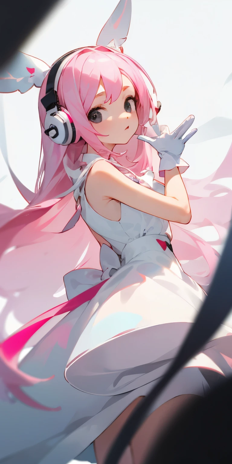 A woman with pink hair, long hair, robotic headphones and pink eyes, cute face, wearing a white sleeveless shirt. Shirt with pink skirt  There's a pink tie. Wear long white stockings Pink high heels Standing and posing like an idol