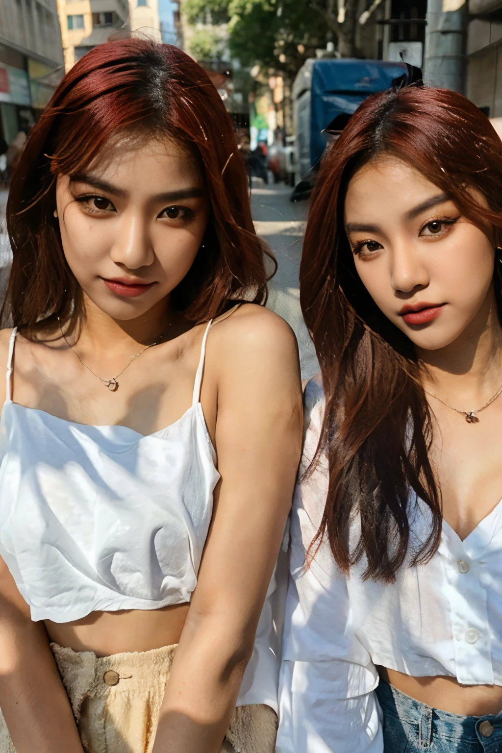 two asian women posing for a photo in a city, Ulzzang, rosa preto, Tumblr, Jinyoung Canela, dois modelos no quadro, Modelo IG | Artgerm, modelo Elisa Hess da acquamodels, Luts, 👅 👅, com hera, rosa preto jennie, Duas meninas, foto de perfil, Modelo do Instagram, 2 cores