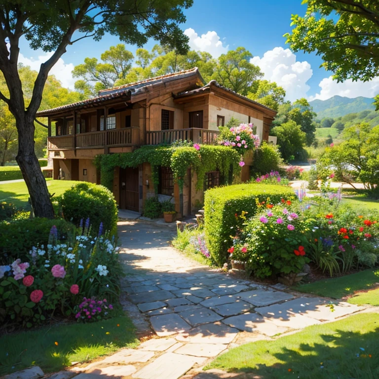 Pintura al oleo de una casa de campo en unpaisaje exuberante lleno de flores mucha luz diurna