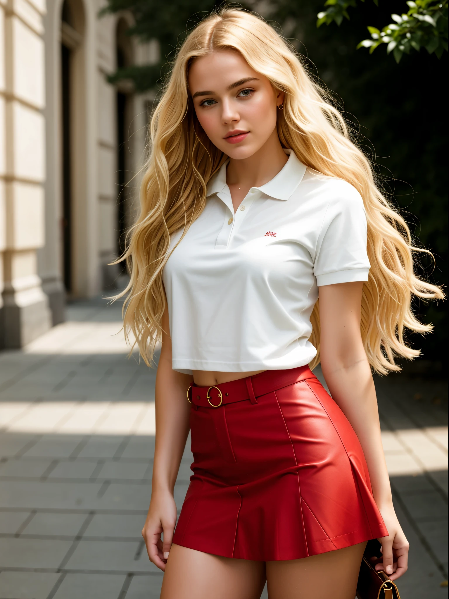 "Create a high-quality, ultra realistic, dynamic image of a young woman (erotic face: Florence Pugh:0.2), (skin texture:1.1), (skin pores:1.2), (high detail face), (very long curly blonde hair), masterpiece, best quality, ultra-detailed, analog style, shadowd, contrast, Raw photo, by Ellen von Unwerth, Nikon D850 a hyper realistic, white polo T-shirt and red skirt with white shoes.