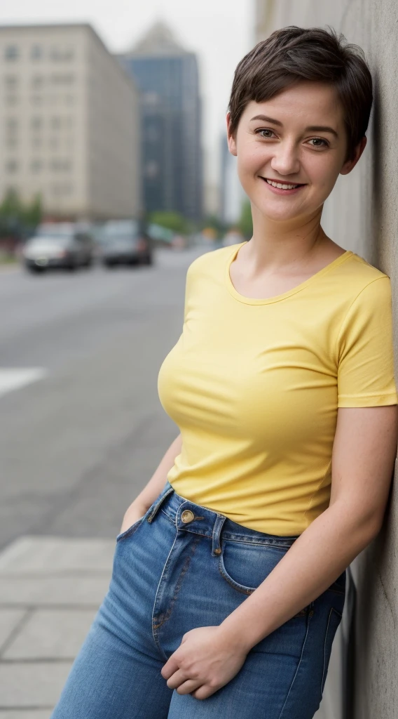 smiling woman with a building in the background, this person does not exist, 30 years old, short, diminutive, slightly chubby, wearing jeans and a yellow tshirt, valorie curry-shailene woodley merged, entire body visible, full body, hyperrealistic, best quality, 8K, real human skin, masterpiece, extremely intricate, medium closeup, detailed eyes, detailed face, detailed body, exaggerated features, pronounced features