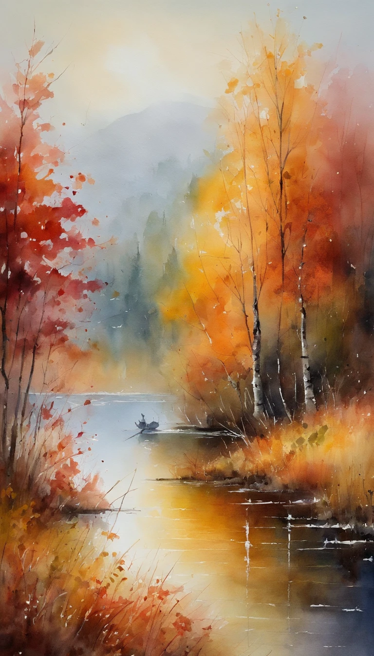 tmasterpiece, top-quality, high detal, Impressionism, Autumn morning, Cruise along the lake in the morning mist, haze, Cinematic light,