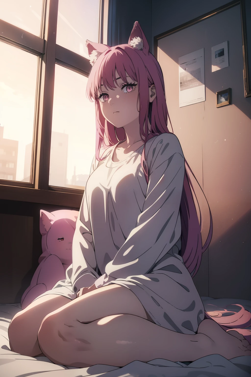 ((beautiful face)), ((masterpiece)), tired girl with pink hair, pink round bear ears, pink eyes, sitting on her knees, ((w legs)), on bed, ((sleep expression)), looking down, wearing white shirt and hot pants, ((Looking at viewer, cute look)), sitting on stairs, night, shooting stars:1.5, from above