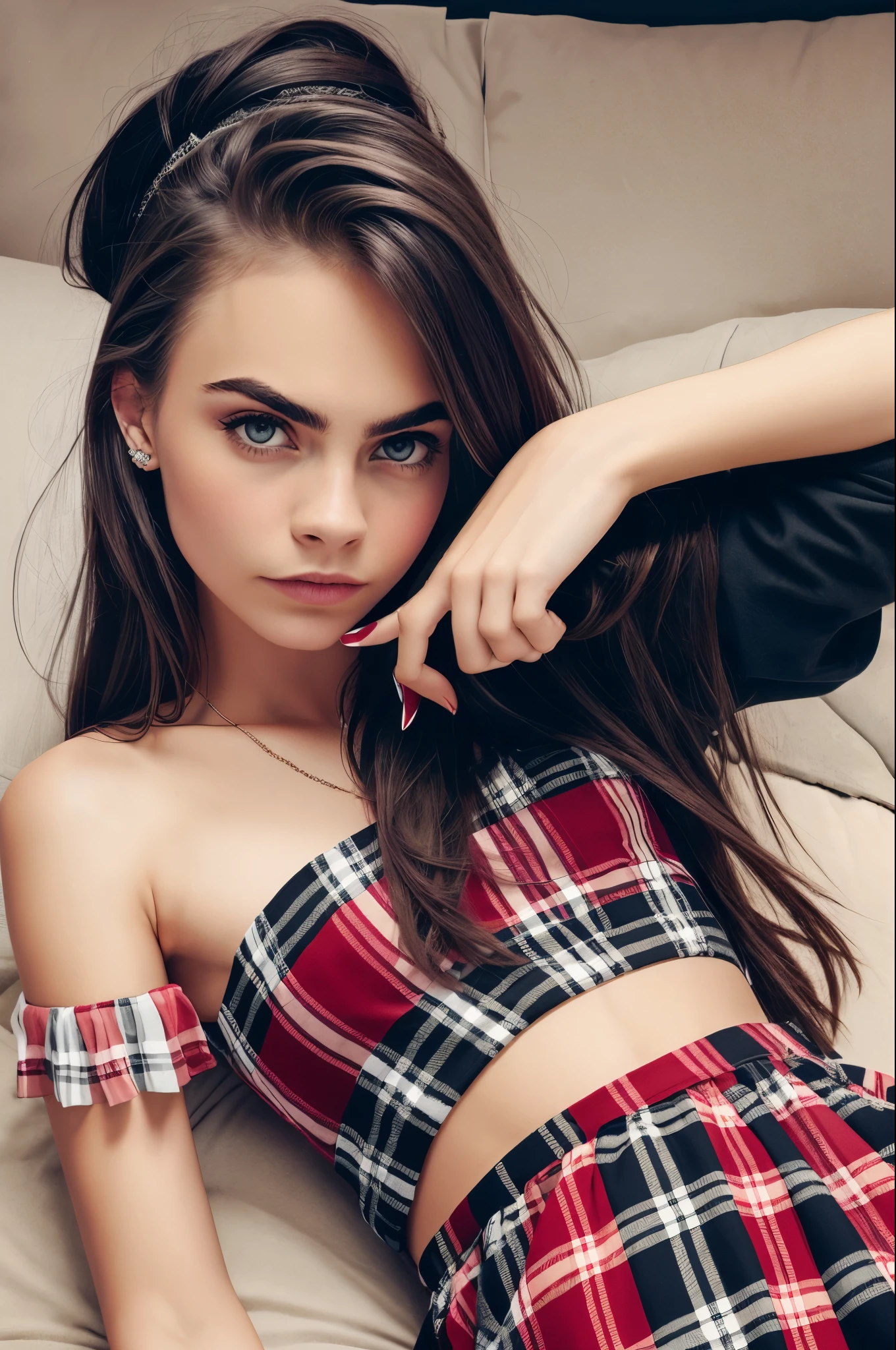 Black and white photo, cara Delevingne, colourpop (red plaid skirt) , looking sideways --auto --s2