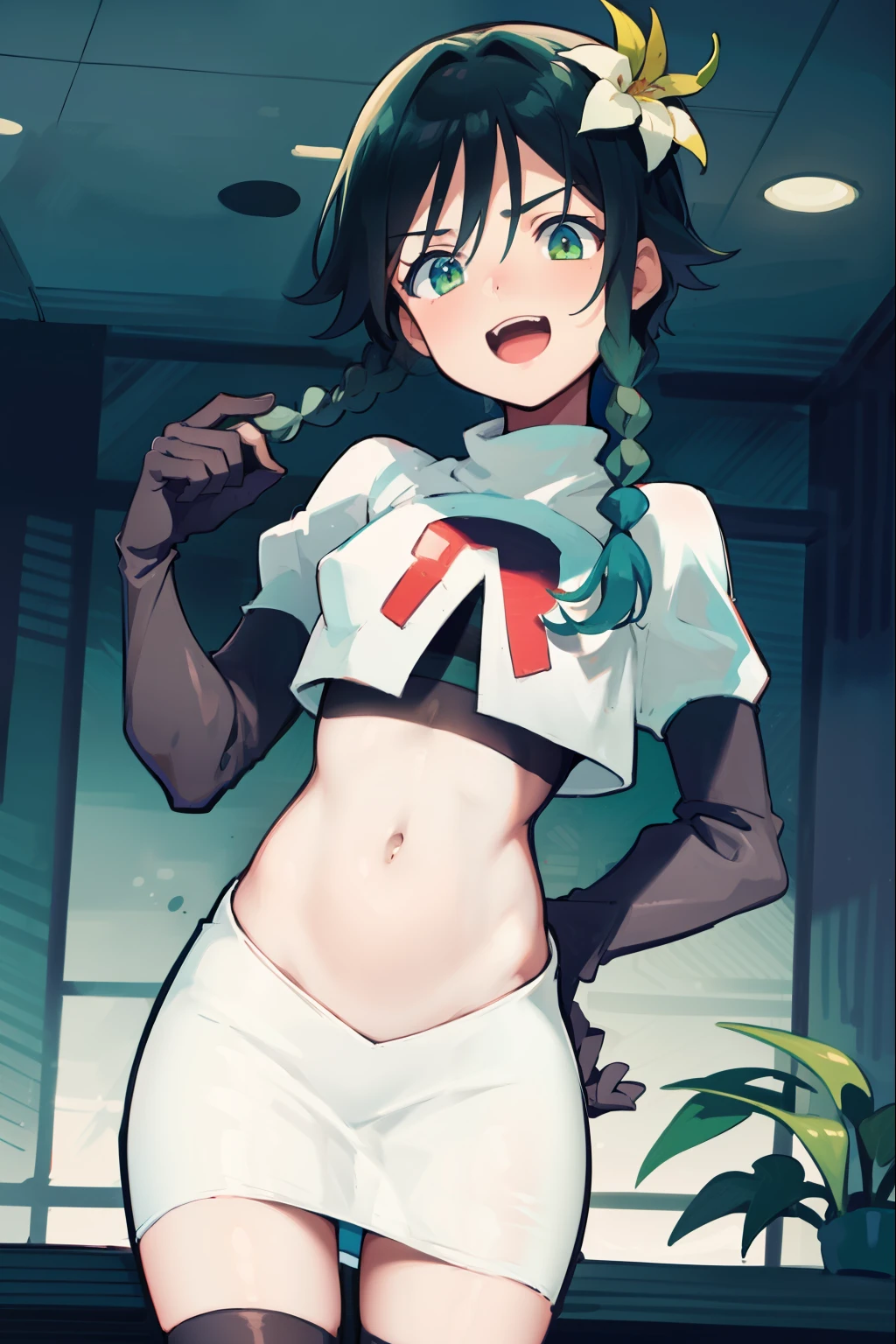 absurdres,venti,1boy, male focus, trap,black hair, green-blue hair, hair braid,hair flower,aqua green eyes,crossdressing,1boy,team rocket,team rocket uniform,white skirt,red letter R,crop top,black thigh-highs,black elbow gloves, laughing,happy, blush
