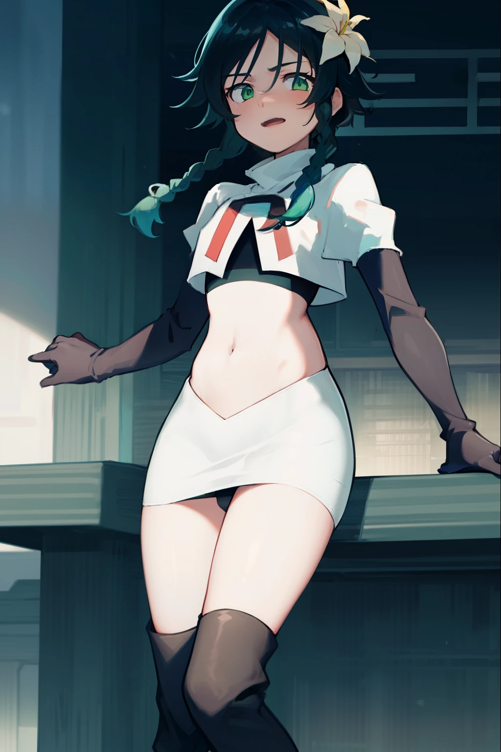 absurdres,venti,1boy, male focus, trap,black hair, green-blue hair, hair braid,hair flower,aqua green eyes,crossdressing,1boy,team rocket,team rocket uniform,white skirt,red letter R,crop top,black thigh-high boots,black elbow gloves, laughing, happy, blush