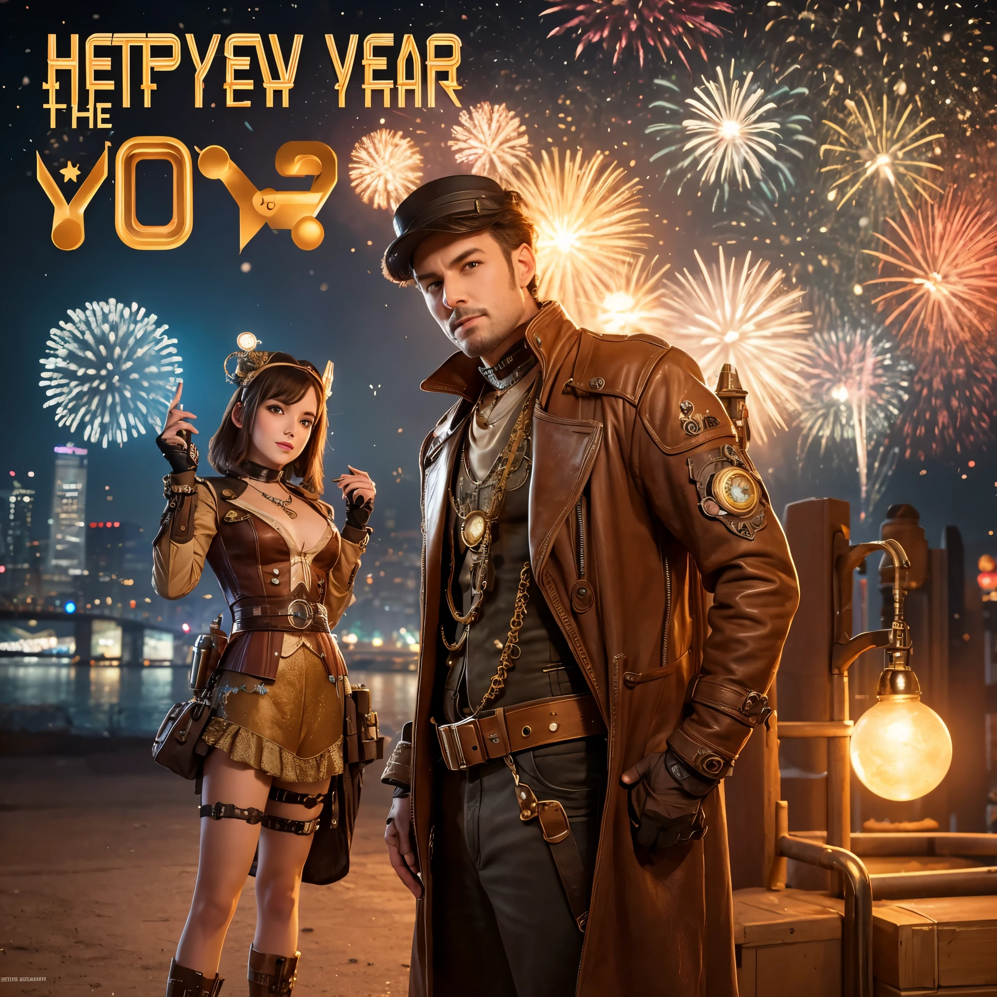 retrofuturism   steampunk say "Happy New Year 2024!"