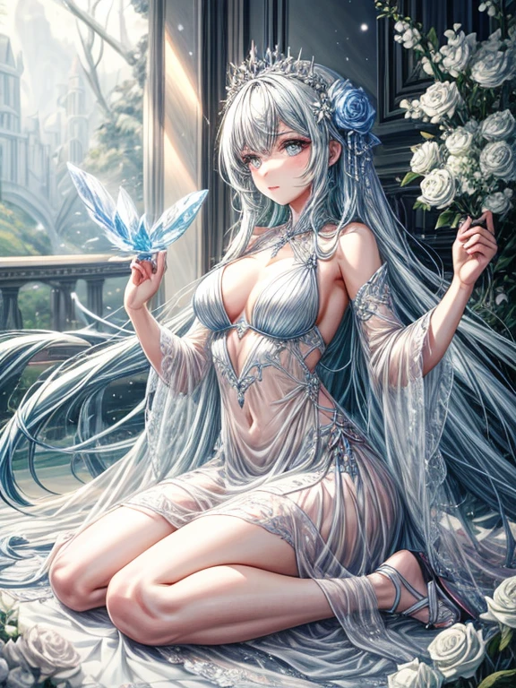 scenecy, Paradise in Heaven, white light naste piece), (Best Quality), (Cinematic), 8K, (art  stations), Li Yue&#39;s style of painting. (長い白い髪とSilvery eyesを持つ1人の女), (流れるような白くSheerドレス)、Beautiful delicate face]、[ Blue skin] [+ Body parts] [ particle roux full moon] [Frozen trees々] [landscape crystal] [Lighting] [Ethereal Atmosphere]:1.1 [Fantasy, short story]  [soft Lighting] [+Cinematic shot]:1.2 [+art  stations] [+Light white background] [+soft Lighting] [soft glow] [Creative and dynamic angles]:1.3, [+crystal tonina steppiece, ighly detailed, Ultra-detailed, Solo, (pale skin), Silvery eyes, Frosty white hair, (snowy background), snowflake rose flower:1.5), (crystal crown), (shining crystals), (((白くSheerドレス))), (Snowy ground), (Icy breath), (Frozen lashes), 花のある部屋に立つSheer繊細なウェディングドレスを着た女性, luxurious wedding, very magical and dreamy, dreamy and detailed, ethereal fairy tale, fairy tale stage:, 贅沢なSheer薄いドレス, dreamy diamond、たくさんのクリスタルが付いたSheerドレス, fantasy sheer dress, A magical dress with a transparent chest, crystal see-through dress, Woman in a Transparent dress with sparkling flowersな雰囲気とドラマ, Gorgeous settings, Luxurious and intricate sheer long gown, Mustepiece with a mysterious atmosphere, The most beautiful scenes, An majestic、(((Filled with white flowers)))、quiet and serene atmosphere、A charming, Sheer,The nipple is visible、large boob、sexy-S 100,たくさんのクリスタルが付いたSheerドレス, fantasy sheer dress, Transparent Chest Dress, crystal see-through dress, Woman in a Transparent dress with sparkling flowers, intricate fantasy sheer dress, transparent rainbow color,  Detailed translucent costume design, Transparent dress, a stunning young ethereal figure, Bejeweled Opal Statue, fantasy transparent costume,pure white and dazzling、all white tones,Inside the crystal library,Transparent flowers and falling snow，Many white roses were planted,flowingwater,falls,water bloom,The decoration is also carefully finished..,Dreamy（ighly detailedです，Creative Design，crisp and precise lines，K HD，best qualtiy，tmasterpiece，超A high resolution，4K）
