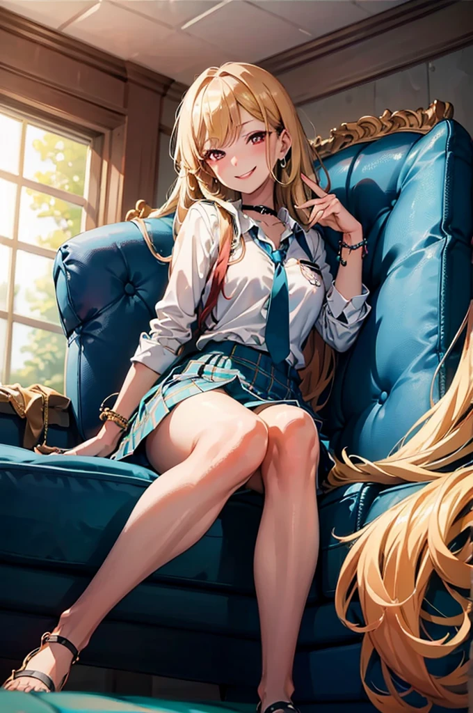 ((full body:1.4)), ((full pose:1.4)), ((sky from below:1.4)), (((masterpiece))), MarinKitagawa, 1girl, long hair, looking at viewer, blush, ((wide smile:1.4)), skirt, blonde hair, large breasts, shirt, red eyes, cleavage, jewelry, school uniform, white shirt, pleated skirt, earrings, bed, necktie, solo focus, choker, collared shirt, blurry, bracelet, blue skirt, plaid, ((sitting on sofa:1.4)), black choker, plaid skirt, phone, piercing, cellphone, ear piercing, blue necktie, tied shirt, bead bracelet,