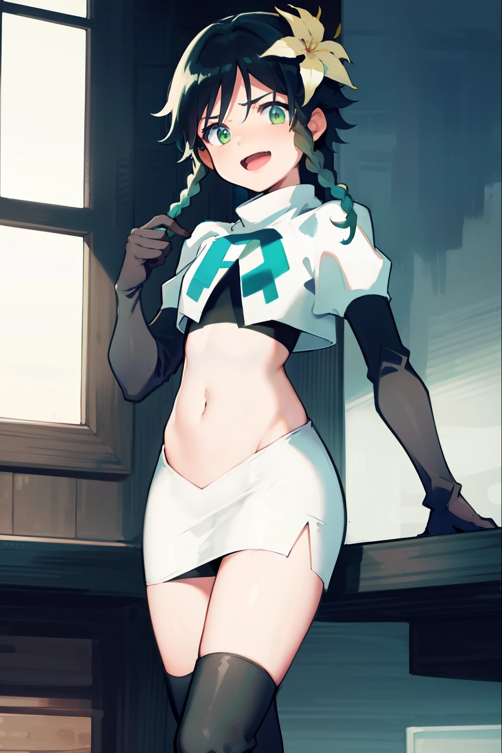 absurdres,venti,1boy, male focus, trap,black hair, green-blue hair, hair braid,hair flower,aqua green eyes,crossdressing,1boy,team rocket,team rocket uniform,white skirt,red letter R,crop top,black thigh-high boots,black elbow gloves, laughing, happy, blush